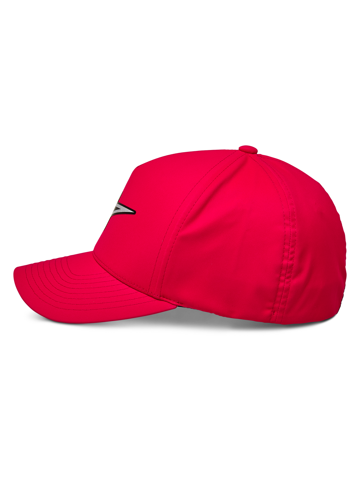 Alpinestars Ageless Reflex Waterproof Hat, Red Baseball Cap, side profile view showing curved bill and structured crown, reflective Astars logo on the front, casual performance sportswear