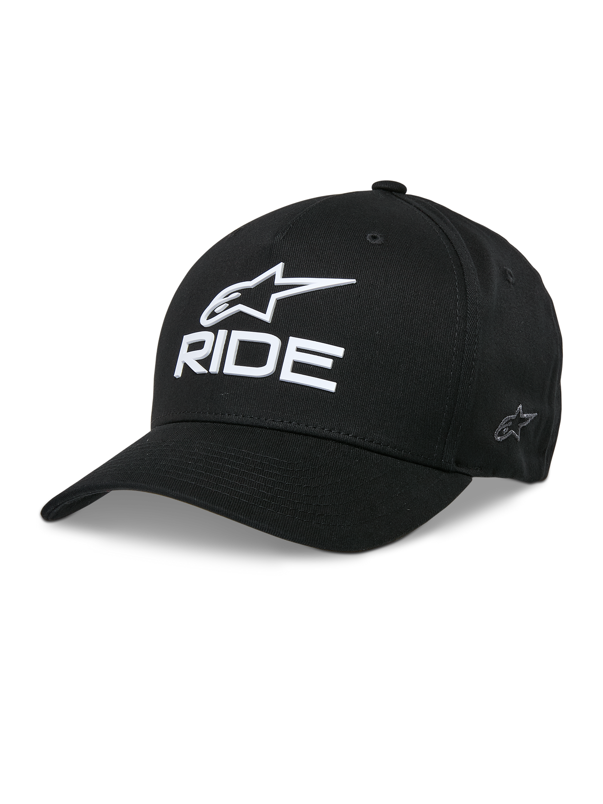 Alpinestars Ride Sonic Kasket, sort baseballkasket, hvidt 3D-broderet stjernelogo og "RIDE"-tekst, buet skygge, struktureret krone, afslappet motorsports-hovedbeklædning