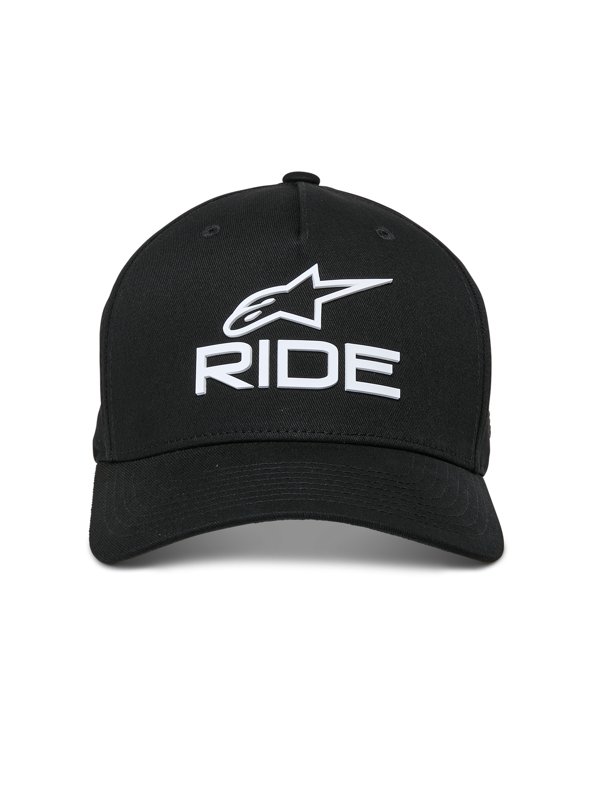 Alpinestars Ride Sonic kasket, sort, hvidt 3D-broderet logo med Alpinestars-stjerne og 'RIDE'-tekst, buet skygge, struktureret krone, afslappet motorsport-inspireret streetwear