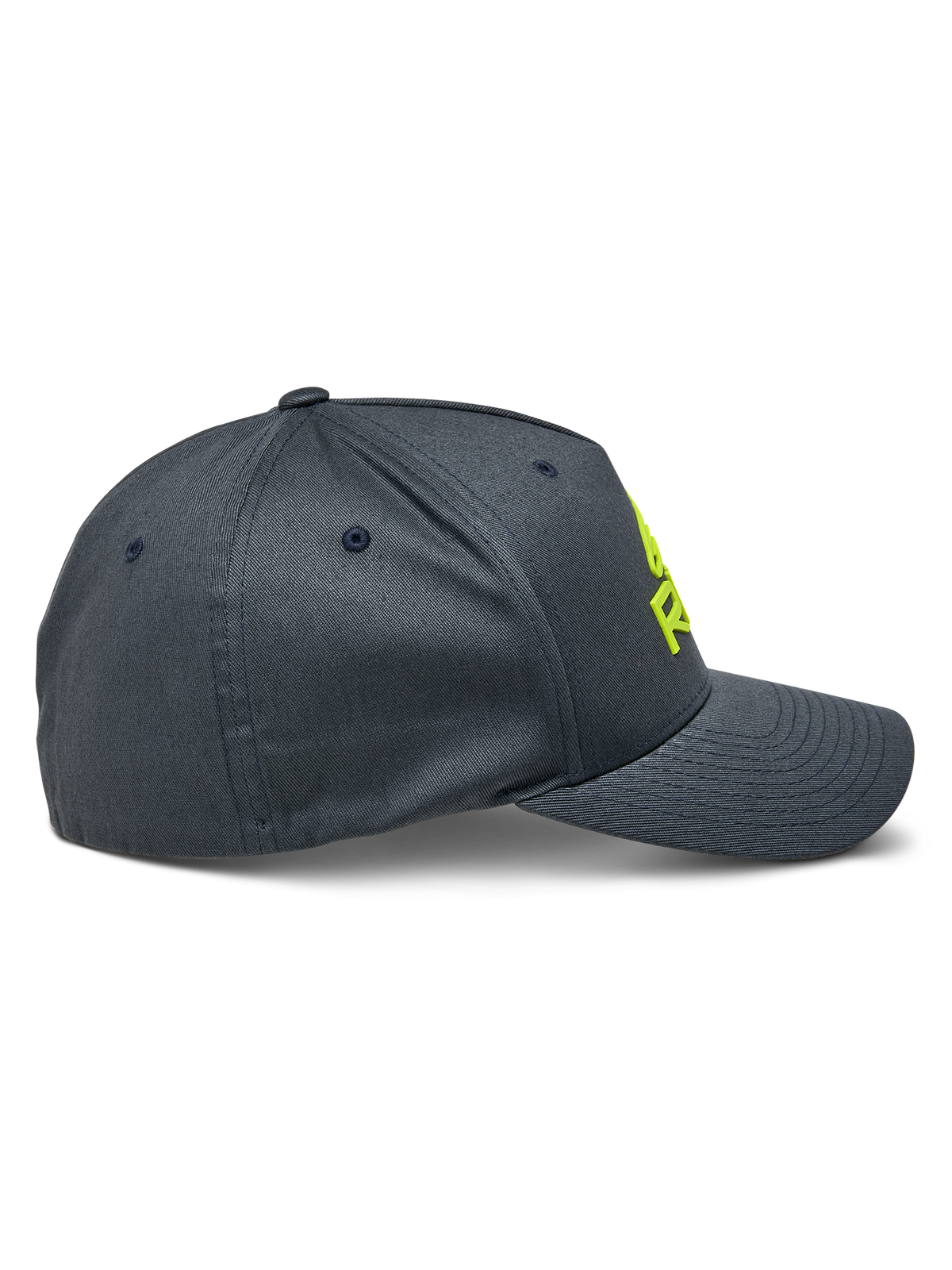 Alpinestars Ride Sonic kasket, sideprofil, koksgrå med hi-vis gul 3D-broderet logo, buet skygge og struktureret krone, afslappet motorsports-hovedbeklædning i stræktwill