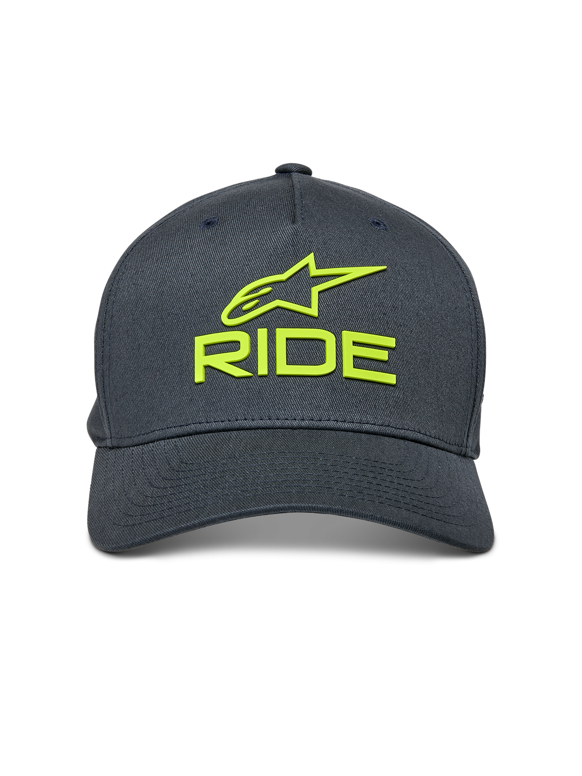 Alpinestars Ride Sonic kasket, koksgrå med hi-vis gul, 3D-broderet Alpinestars-logo og RIDE-tekst, buet skygge, struktureret krone, afslappet motorsport-inspireret hovedbeklædning