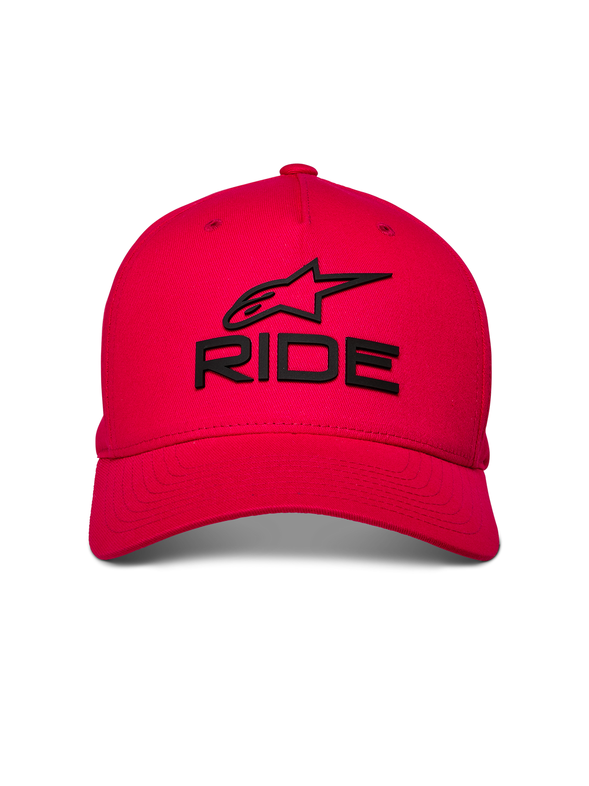 Alpinestars Ride Sonic kasket, rød baseball kasket, sort 3D broderet RIDE- og stjerne-logo, buet skygge med struktureret krone, casual motorsport hovedbeklædning