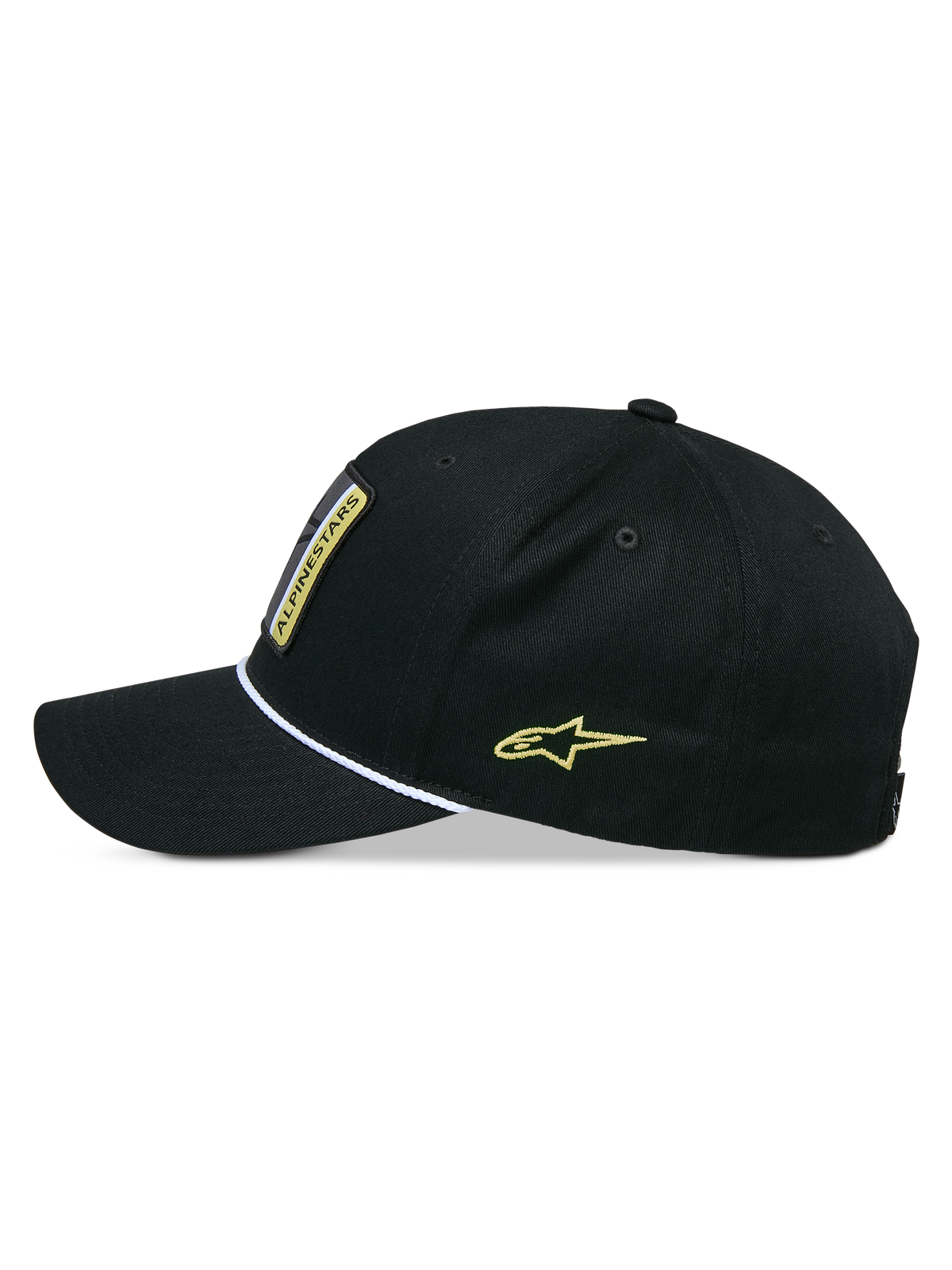 Alpinestars Specific Snapback kasket, snapback kasket, sort, sideprofil med buet skygge og hvid flettet rebkant, gult broderet Astars-logo på siden, struktureret krone, casual hovedbeklædning