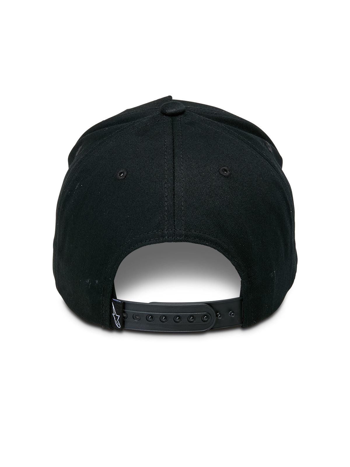 Alpinestars Specific Snapback kasket, sort, set bagfra med en justerbar plastik snap-back lukning og et lille hvidt Astars-logo på mærket bagpå, struktureret krone, casual motorsport hovedbeklædning