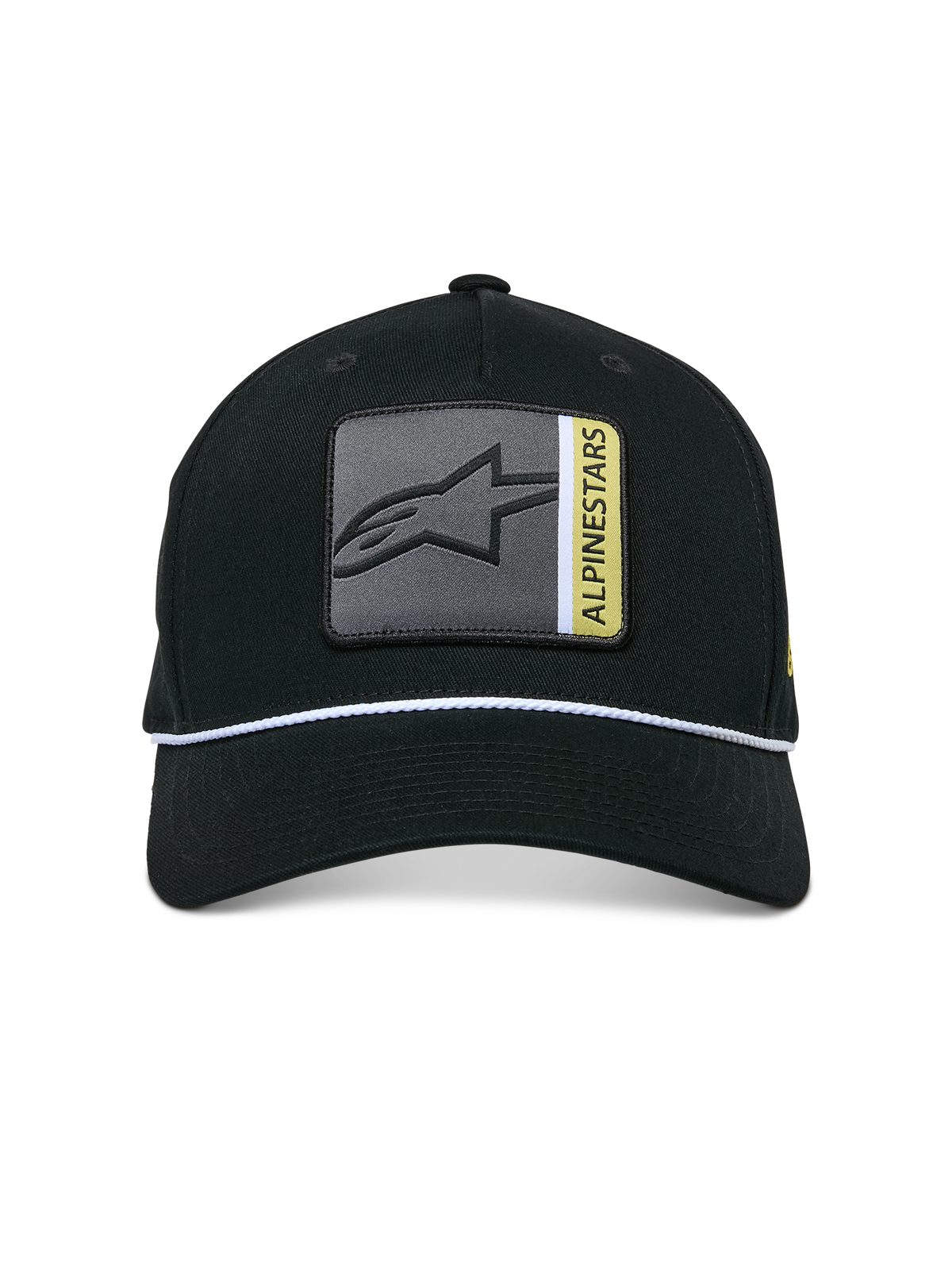 Alpinestars Specific Snapback kasket, sort, flerfarvet Astars logomærke foran med grå og gule detaljer, hvid flettet rebkant, buet skygge, struktureret krone, casual streetwear