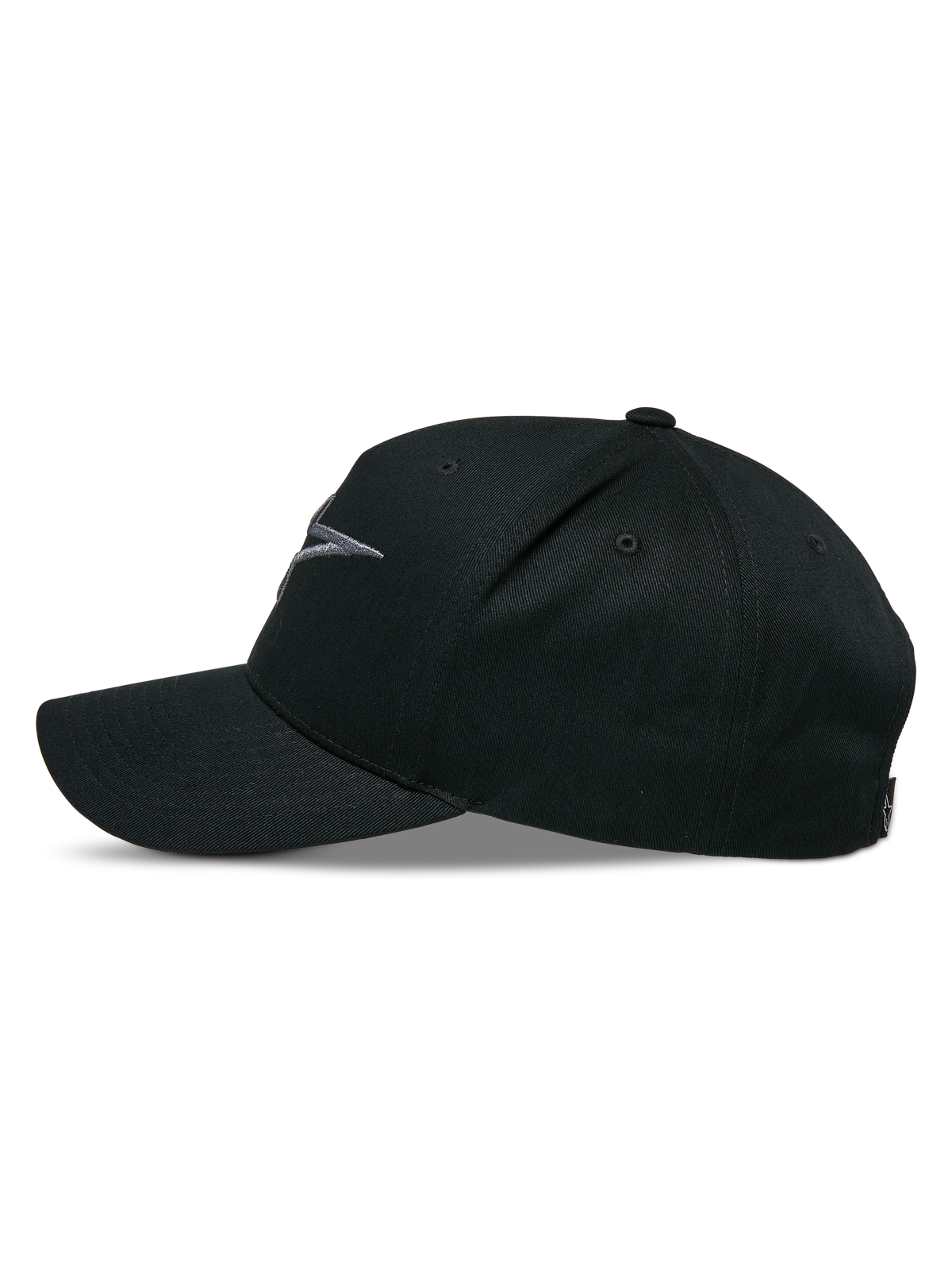 Alpinestars Ageless Snapback kasket, sideprofil, Black Charcoal, kurvet skygge med struktureret krone, 3D-broderet logo på fronten, hovedmateriale i bomuldstwill, casual motorsport-hovedbeklædning