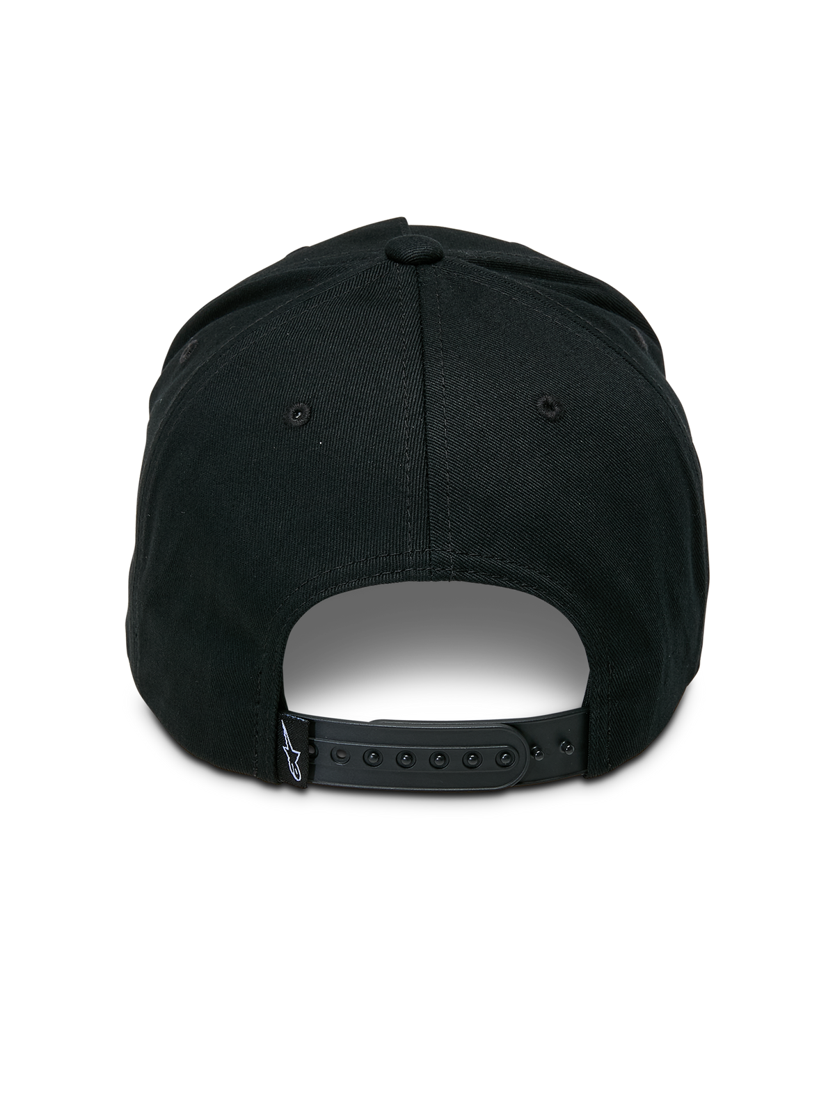 Alpinestars Ageless Snapback kasket, sort, set bagfra med justerbar snapback-lukning, lille vævet mærke med stjernelogo, struktureret krone i bomuldstwill, casual motorsport-inspireret hovedbeklædning