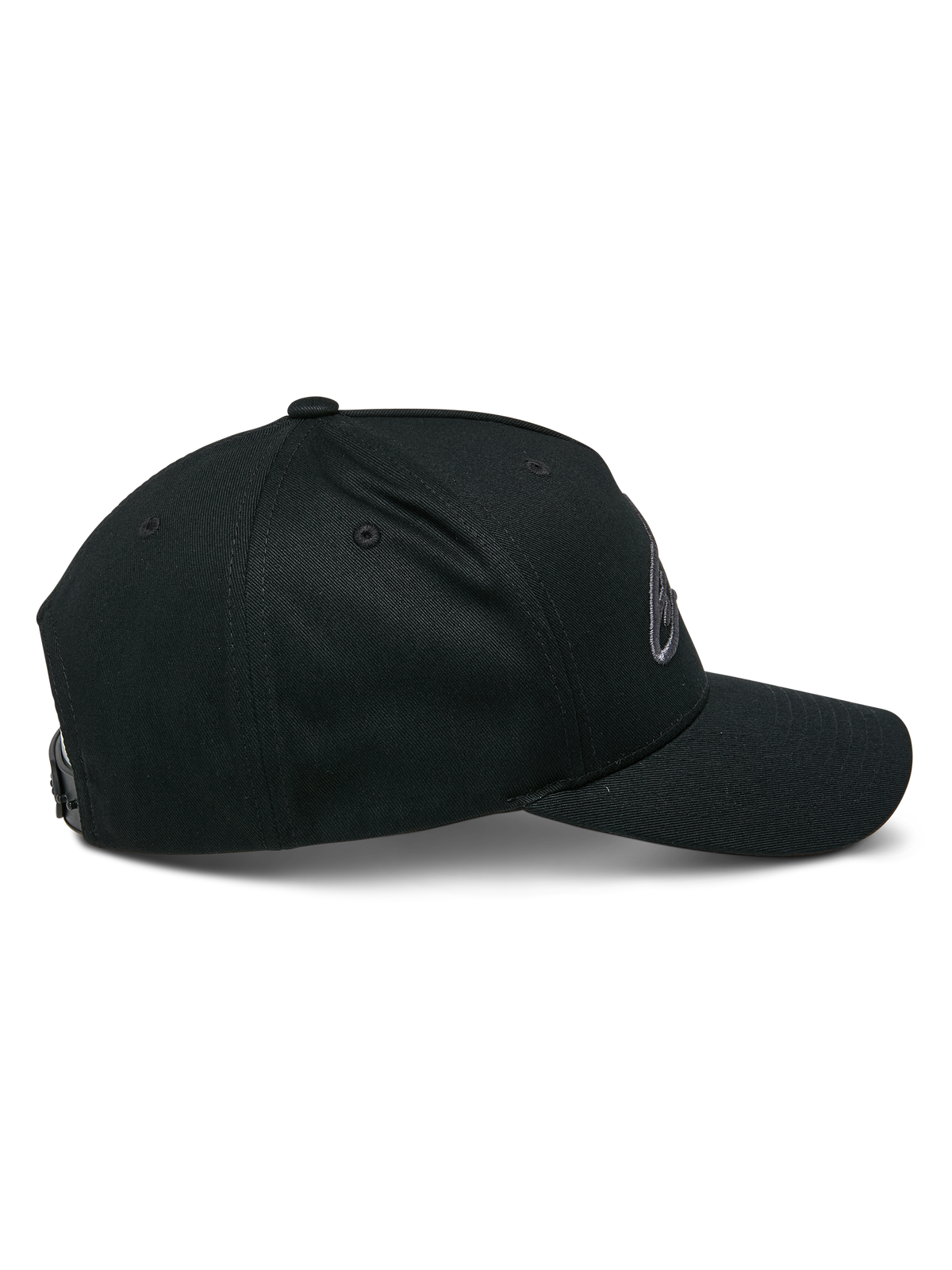 Alpinestars Ageless Snapback-kasket, Black Charcoal, set fra siden, struktureret krone med en kurvet skygge, justerbar snapback, afslappet motorsport-inspireret hovedbeklædning