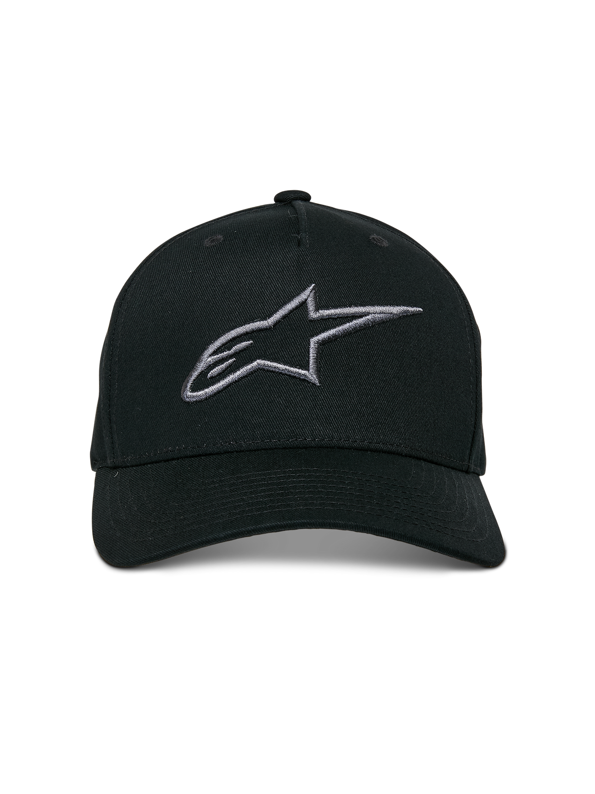 Alpinestars Ageless Snapback kasket, Black Charcoal, kurvet skygge, struktureret krone, 3D-broderet lineært logo, afslappet motorsport-inspireret hovedbeklædning