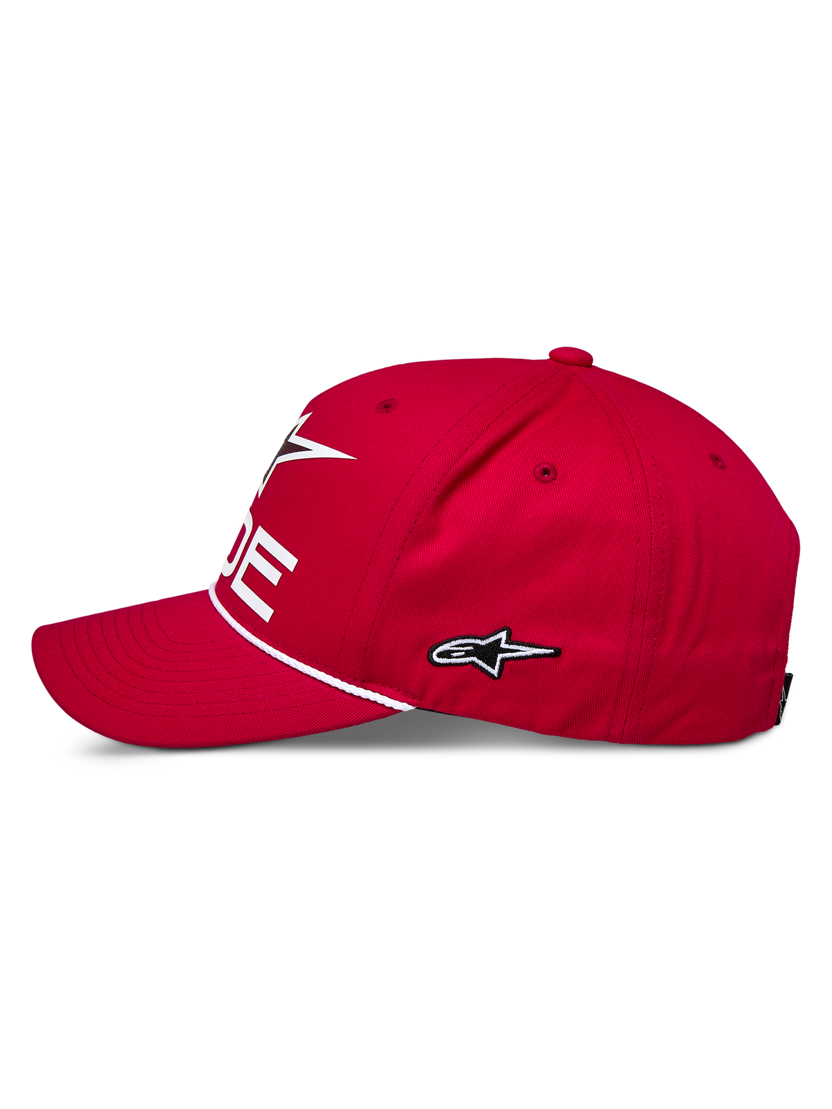 Alpinestars Ride Comp Snapback kasket, rød, sideprofil, hvidt broderet stjernelogo, flettet rebkant, buet skygge, casual motorsport sportstøj