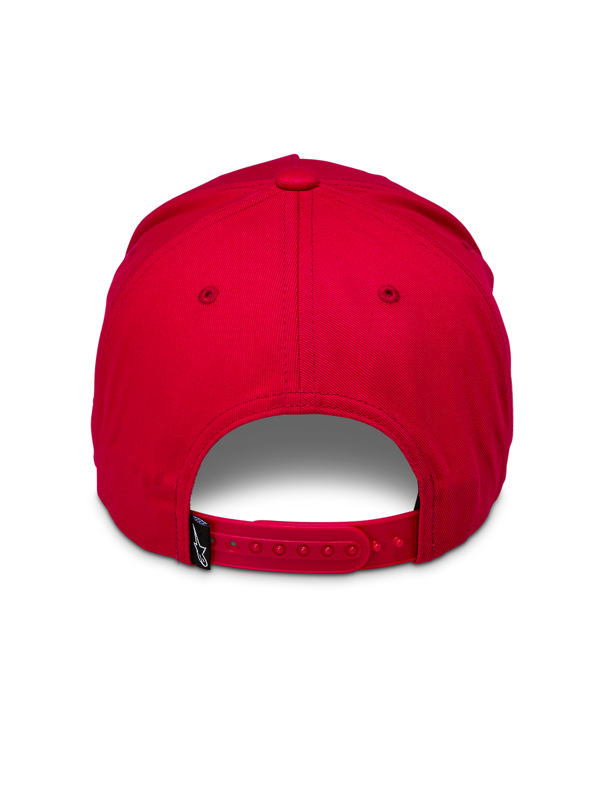 Alpinestars Ride Comp Snapback-kasket, rød, set bagfra med en justerbar rød snapback-lukning og et lille sort vævet mærke med hvidt logo, struktureret krone, afslappet hovedbeklædning