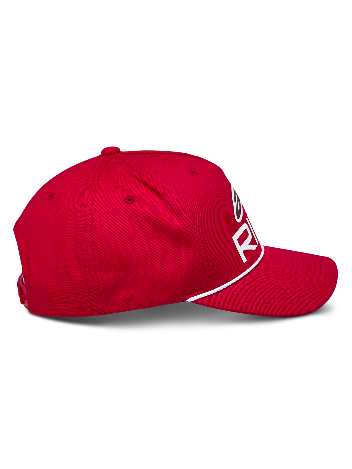 Alpinestars Ride Comp Snapback kasket, rød, set fra siden, buet skygge med hvid flettet rebkant, struktureret krone med hvidt Astars Ride-logo, afslappet motorsport-hovedbeklædning