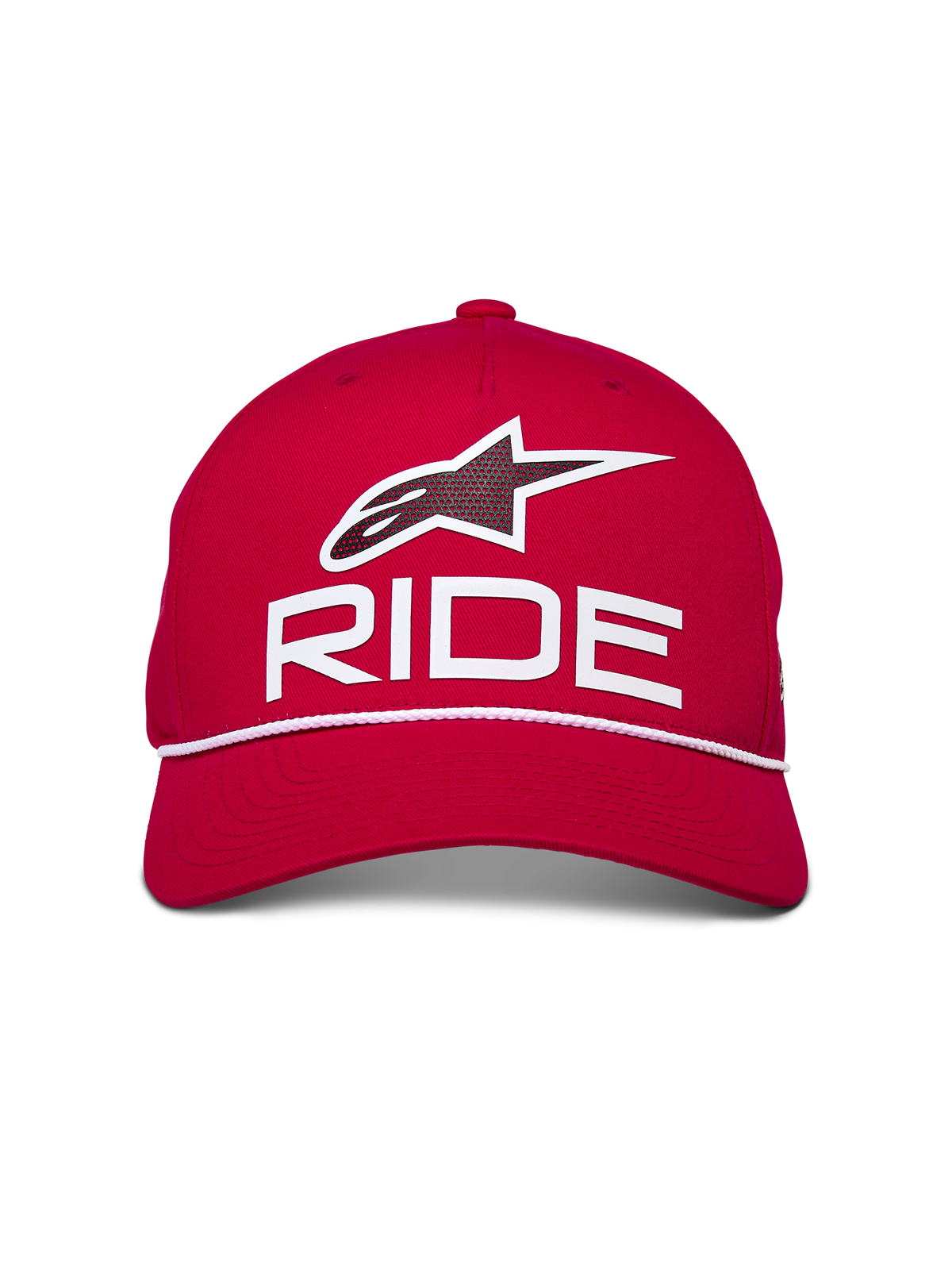 Alpinestars Ride Comp Snapback kasket, rød med hvid og sort, med 3D Astars Ride-logo og hvid flettet rebkant, struktureret krone med buet skygge, afslappet motorsport-inspireret hovedbeklædning