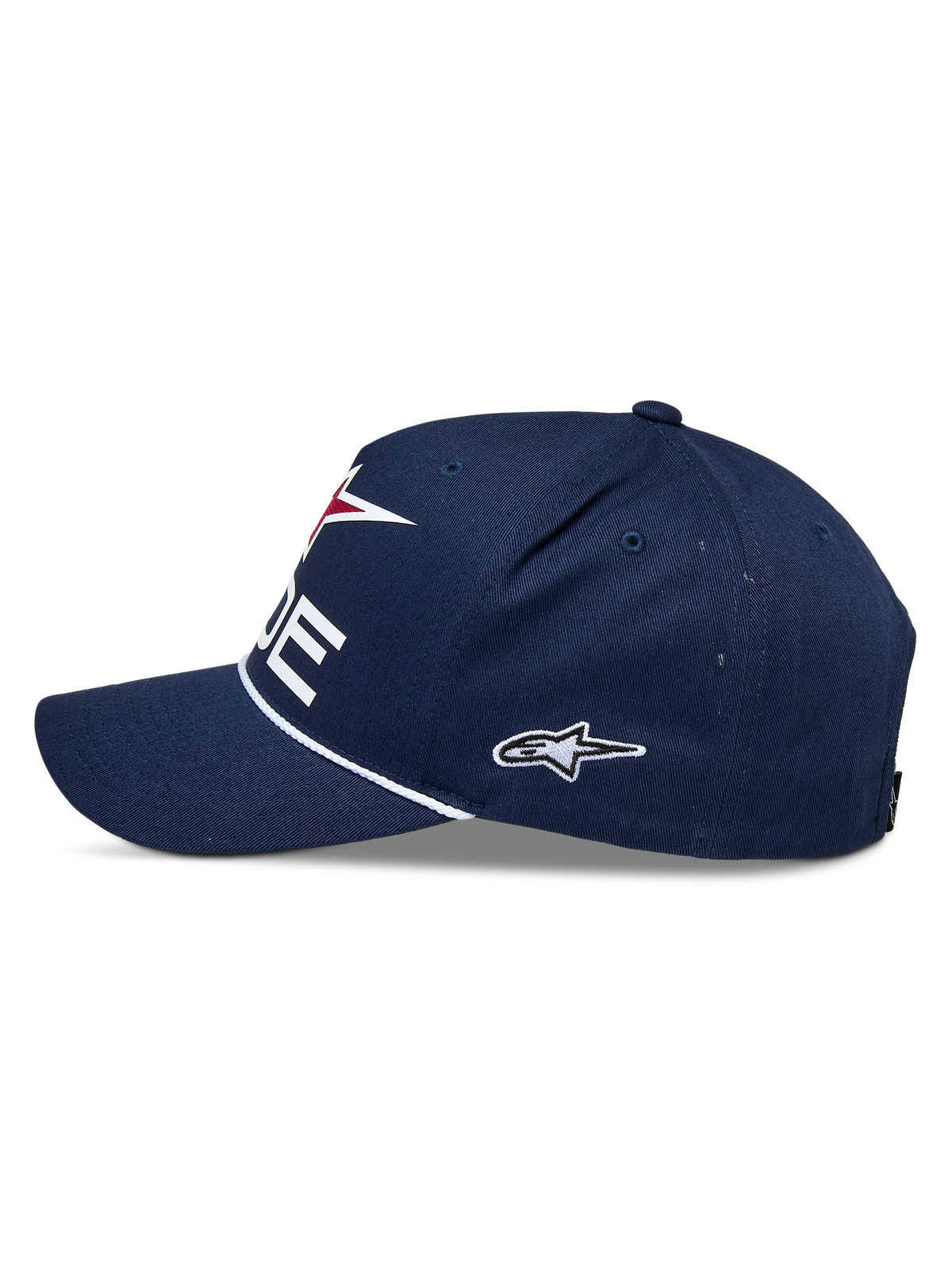 Alpinestars Ride Comp Snapback-kasket, marineblå, hvid og rød, set fra siden, struktureret krone med buet skygge, hvid flettet rebkant, broderet sidelogo, afslappet motorsport-hovedbeklædning