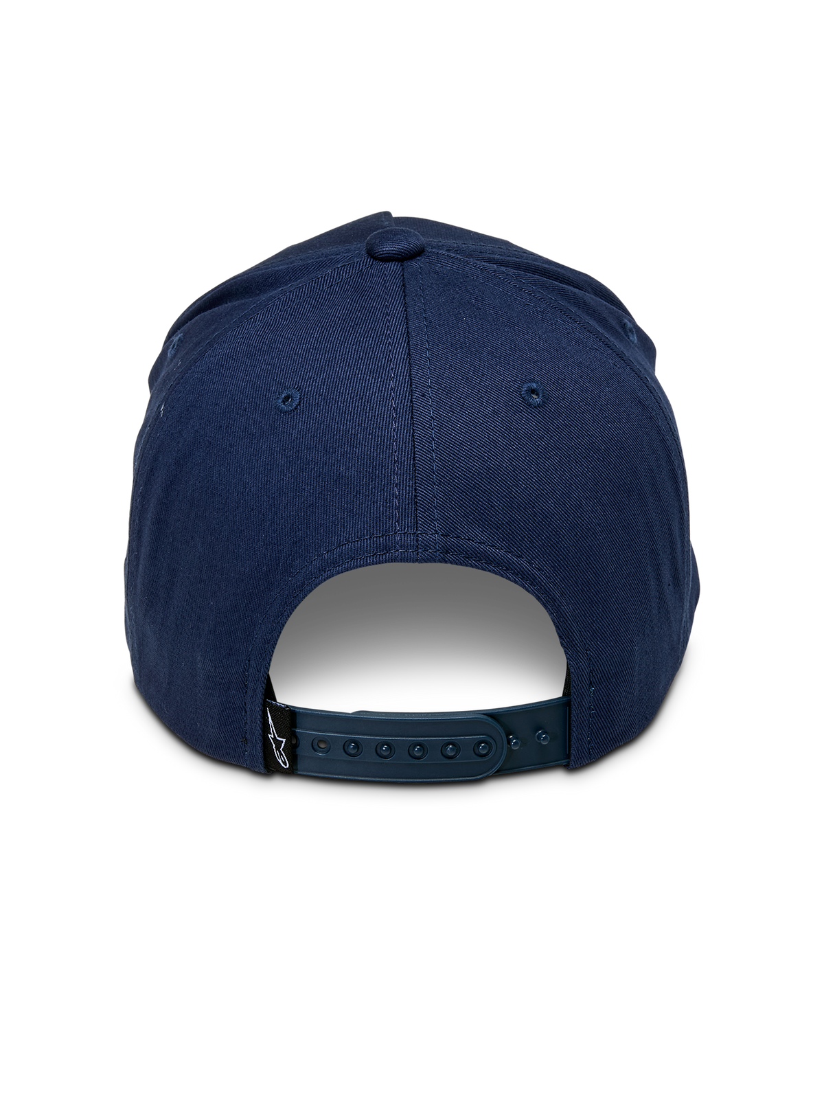 Alpinestars Ride Comp Snapback Kasket, marineblå, set bagfra med justerbar snapback-lukning i plast, lille sort logo-mærke, struktureret krone i bomuldstwill, afslappet motorsport-inspireret hovedbeklædning