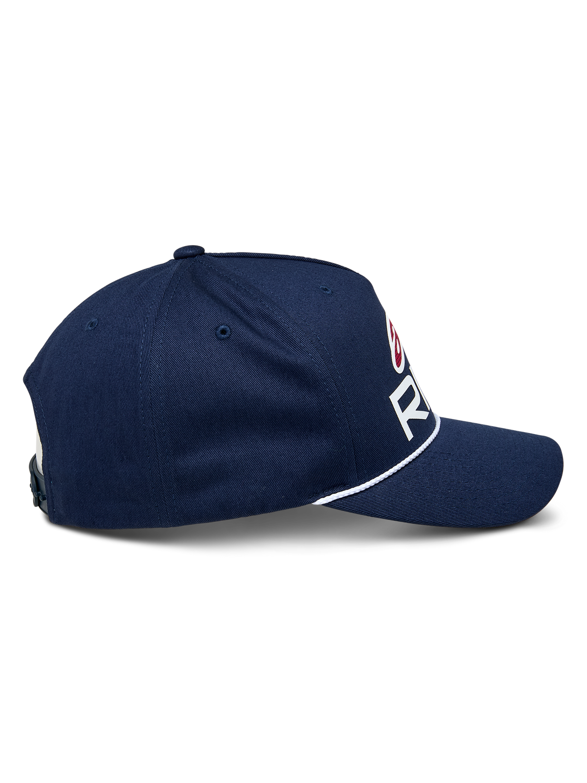 Alpinestars Ride Comp Snapback kasket, mørkeblå med hvide og røde detaljer, sideprofil der viser buet skygge og hvid flettet rebkant, struktureret krone, casual motorsport-hovedbeklædning