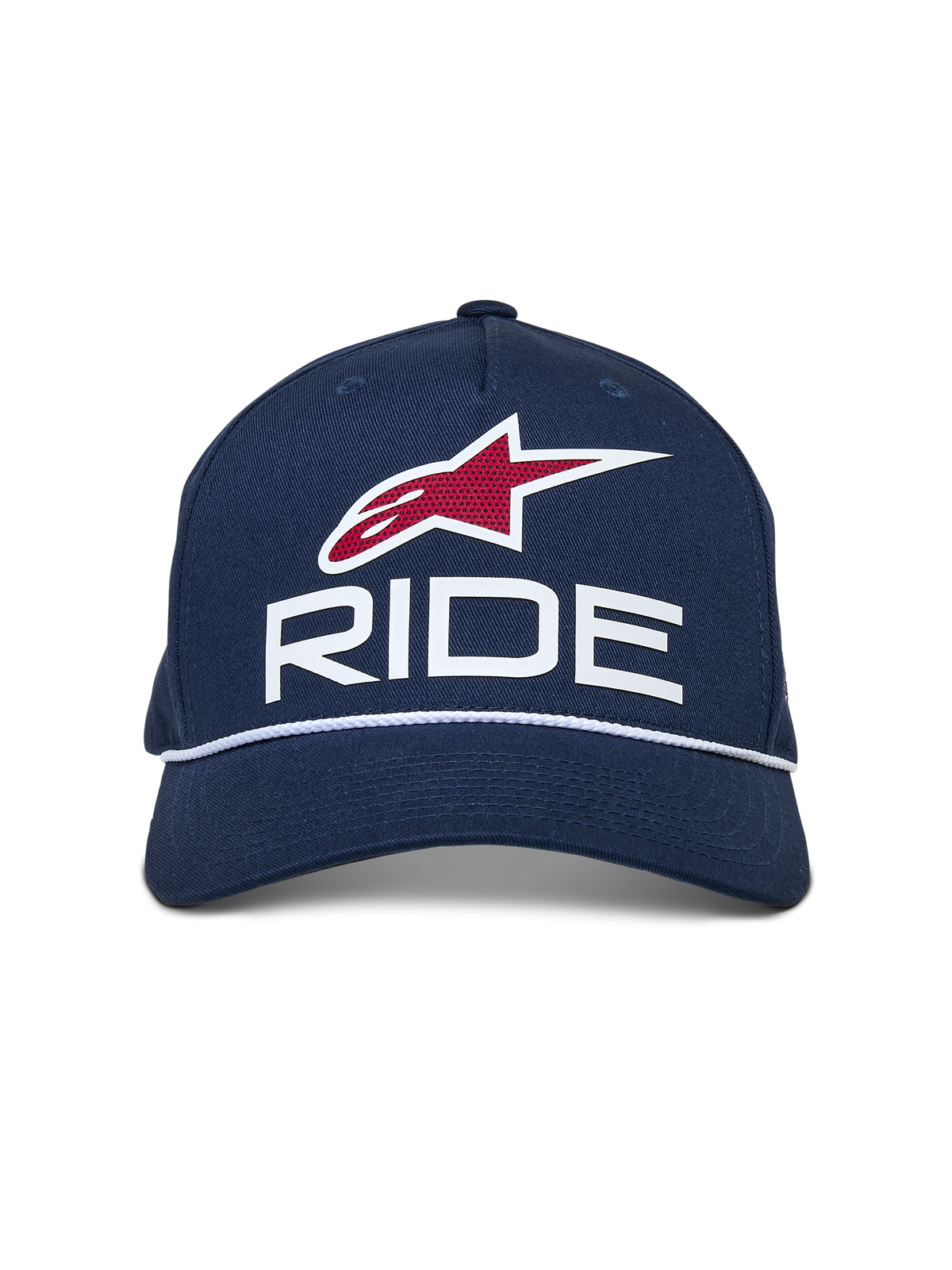 Alpinestars Ride Comp Snapback kasket, mørkeblå med hvide og røde detaljer, med 3D RIDE-logo, rødt stjerneemblem og hvid flettet rebkant, buet skygge, casual motorsport-hovedbeklædning