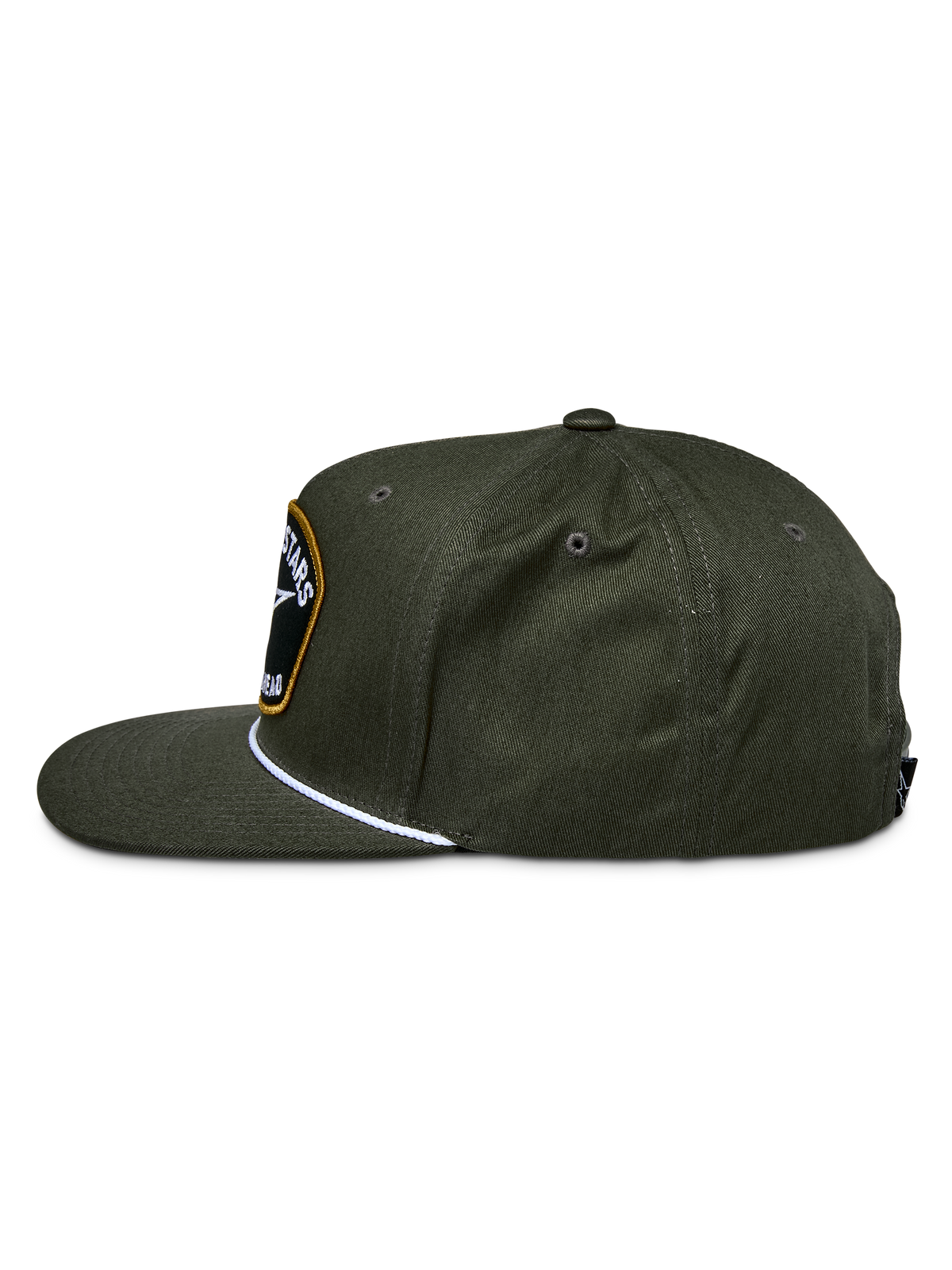 Alpinestars Promptus Snapback-kasket, militærgrøn, set fra siden, struktureret krone og flad skygge, hvid flettet rebsdetalje og broderet logo-patch på fronten, casual hovedbeklædning i bomuldstwill