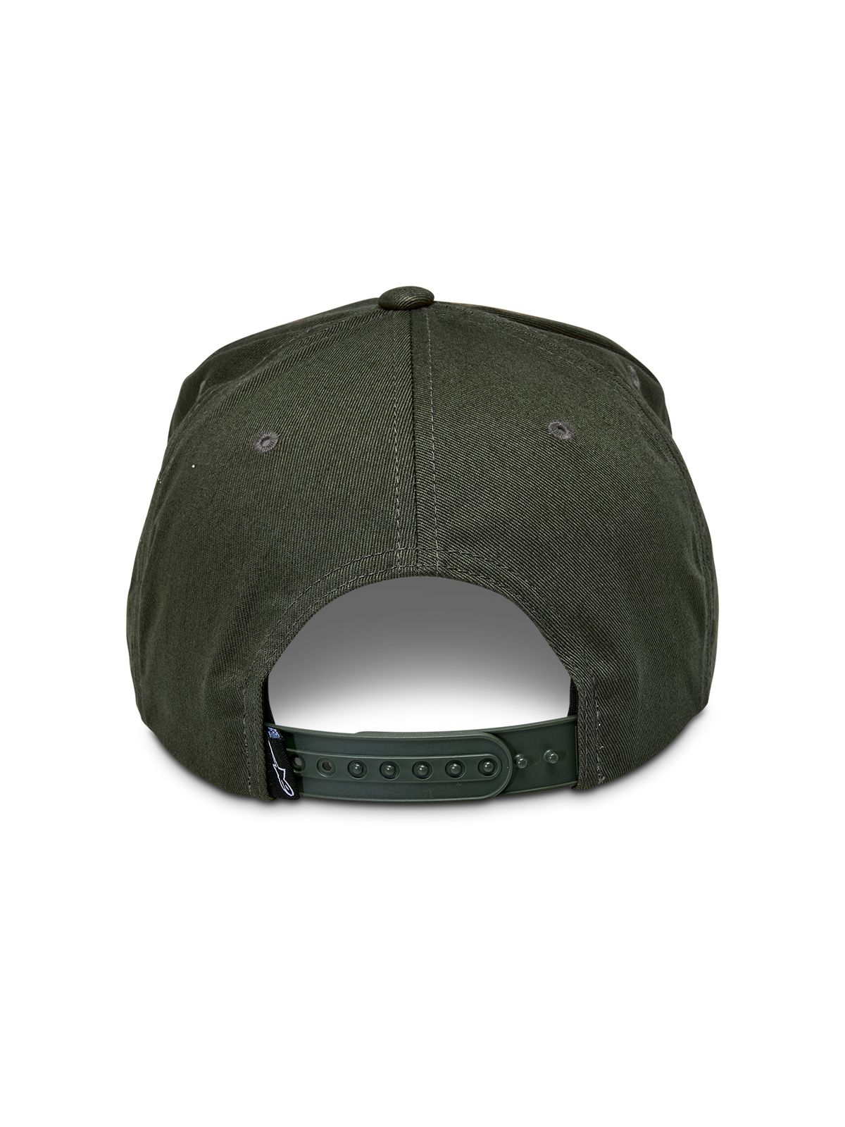 Alpinestars Promptus Snapback-kasket, militærgrøn, set bagfra med justerbar snapback-lukning og bomuldstwill-materiale, lille sort mærkat, afslappet motorsportsinspireret hovedbeklædning