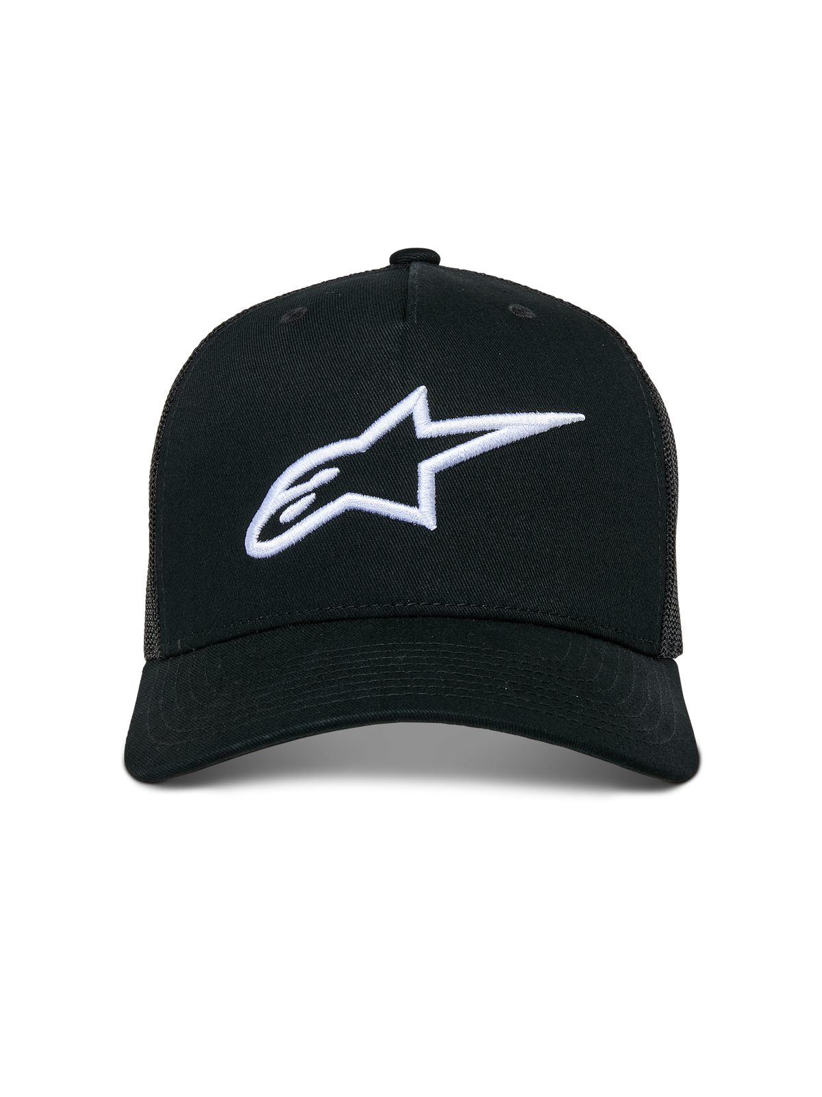 Alpinestars Ageless Trucker Hat, afslappet trucker-kasket, sort med hvidt 3D-broderet Astars-logo, med buet skygge og mesh-paneler bagpå, motorsport-inspireret streetwear