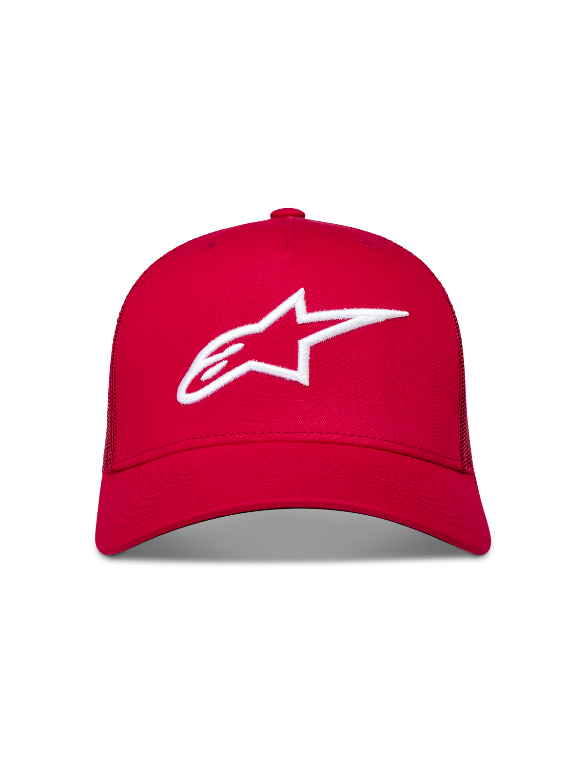 Alpinestars Ageless Snapback hat, rød trucker cap med hvidt broderet 3D-stjernelogo, buet skygge og struktureret krone.