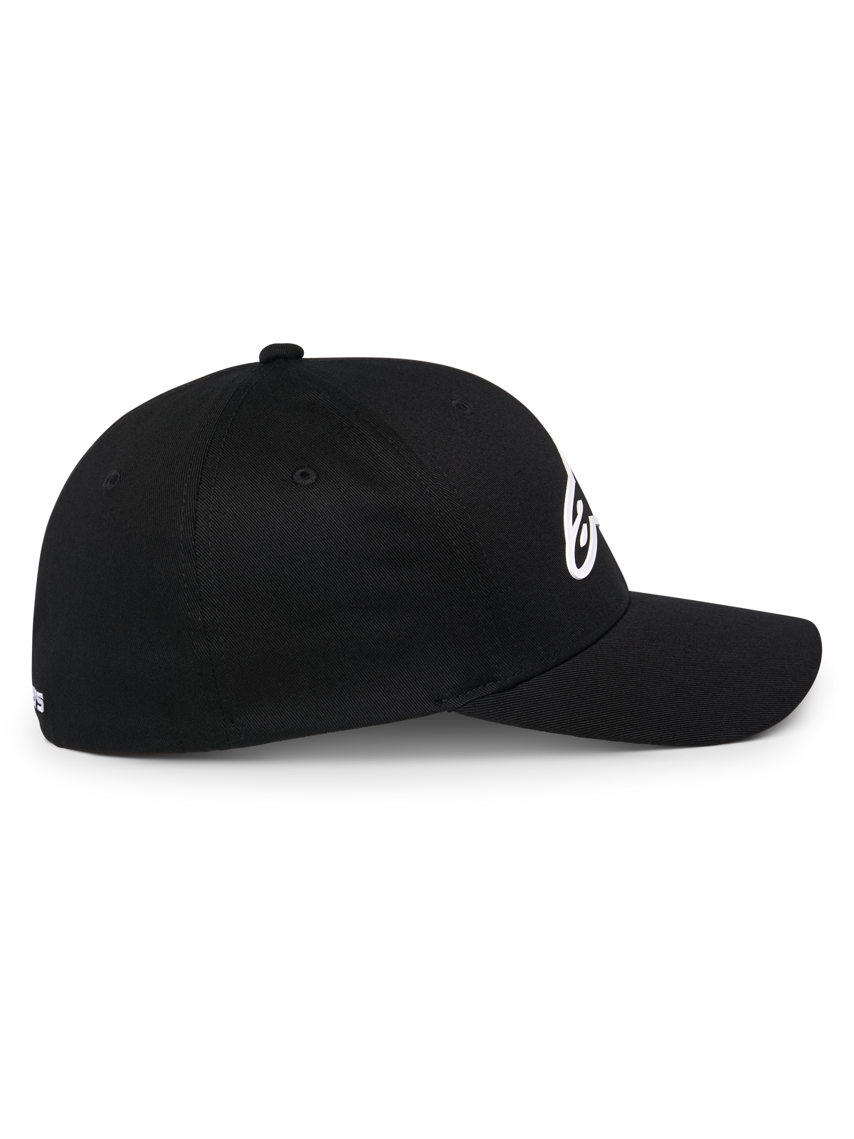 Alpinestars Ageless Multi kasket, sort sportswear baseballkasket, sideprofil, buet skygge og struktureret krone, hvidt 3D Astars-logo, afslappet motorsport livsstil