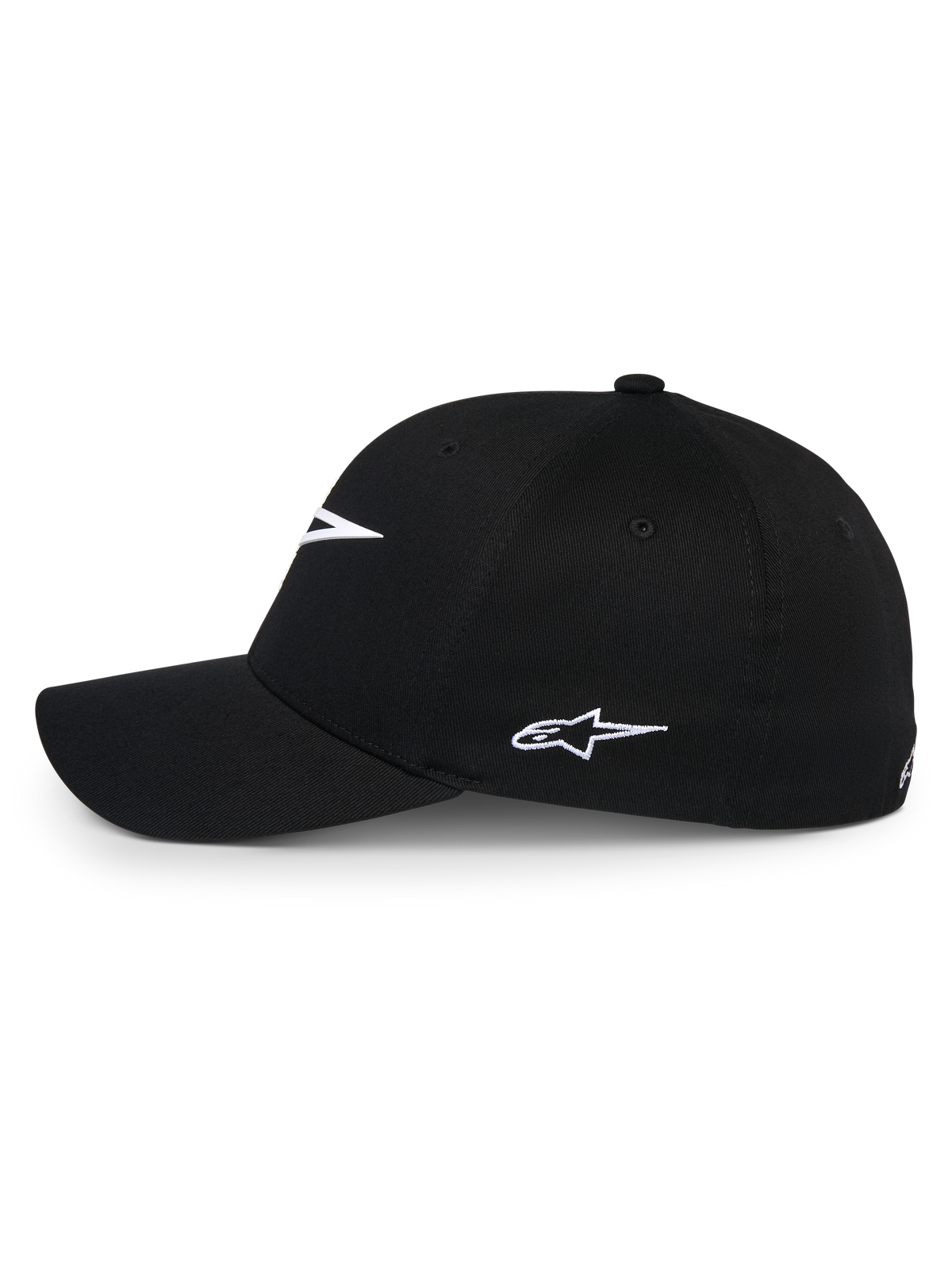 Alpinestars Ageless Multi kasket, sort baseballkasket, profilvisning med hvidt broderet Astars-logo, buet skygge og struktureret krone, casual sportstøj