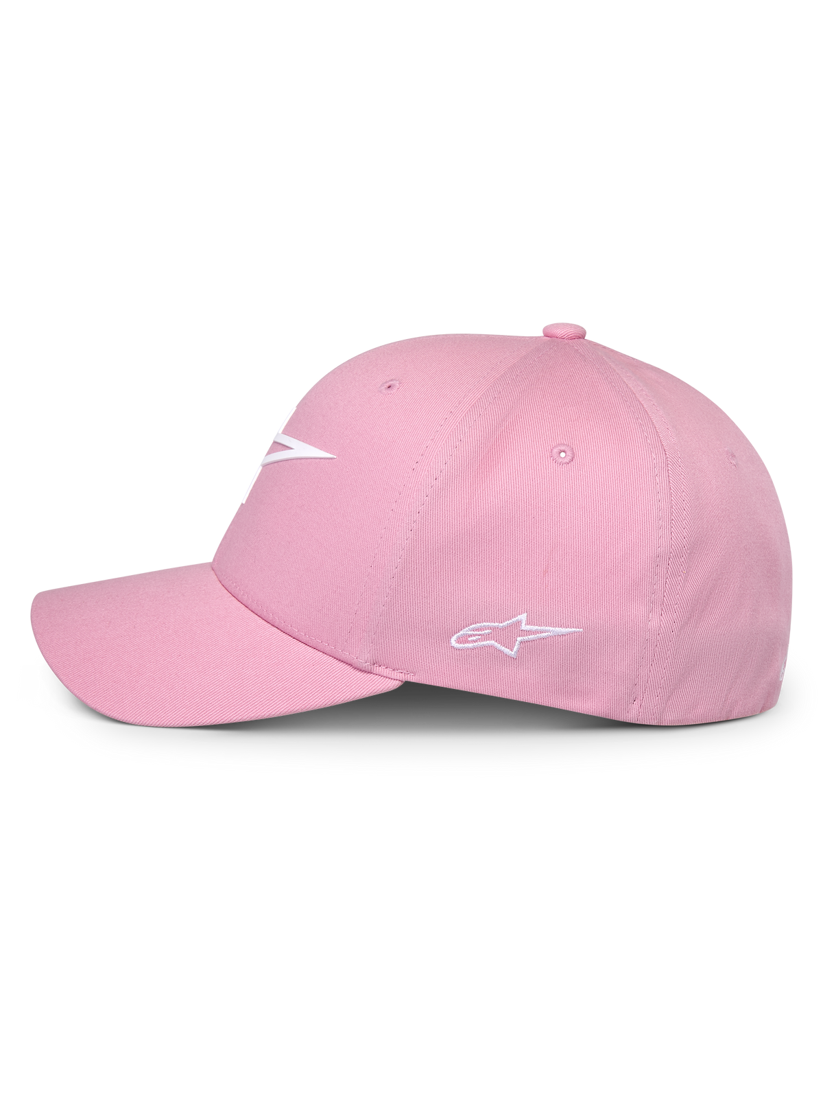 Alpinestars Ageless Multi kasket, lyserød, sideprofil, med hvidt 3D-printet logo foran og broderet logo på siden, struktureret krone med buet skygge, afslappet motorsport-inspireret hovedbeklædning