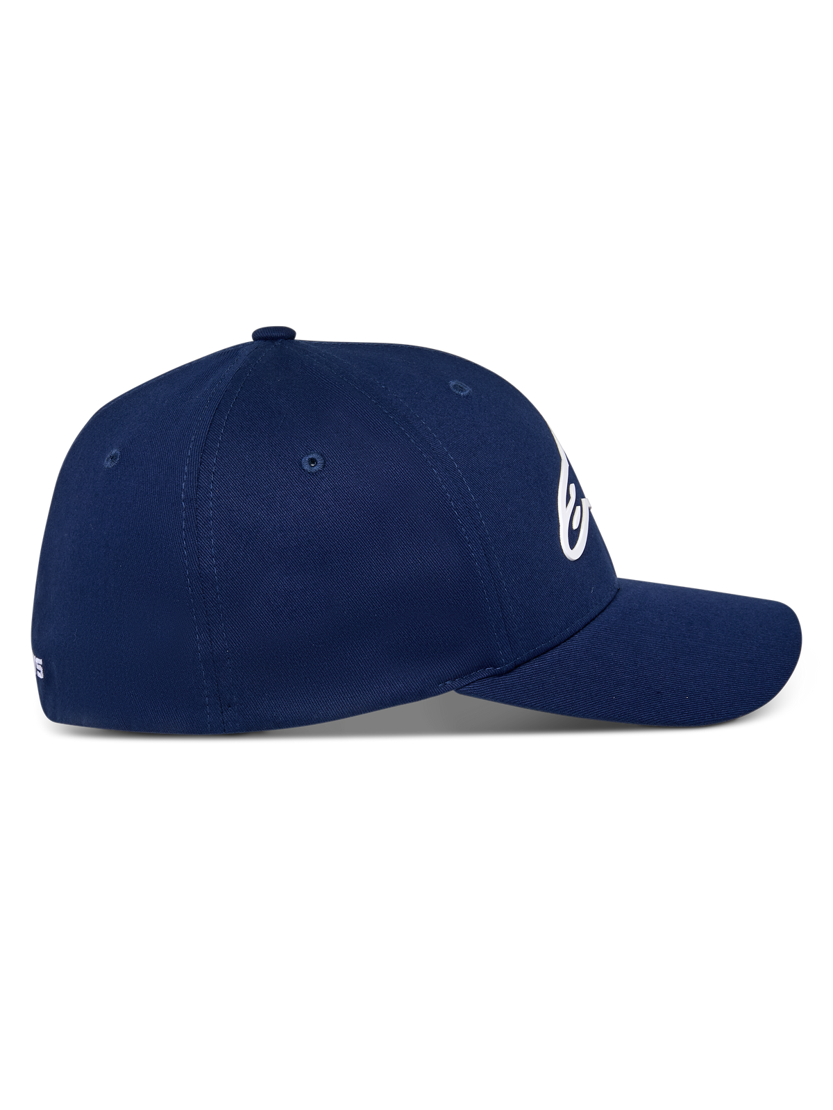 Alpinestars Ageless Multi kasket, marineblå, sideprofil af baseball-kasket med buet skygge, struktureret krone, strækbart twill-stof, afslappet motorsport-inspireret hovedbeklædning