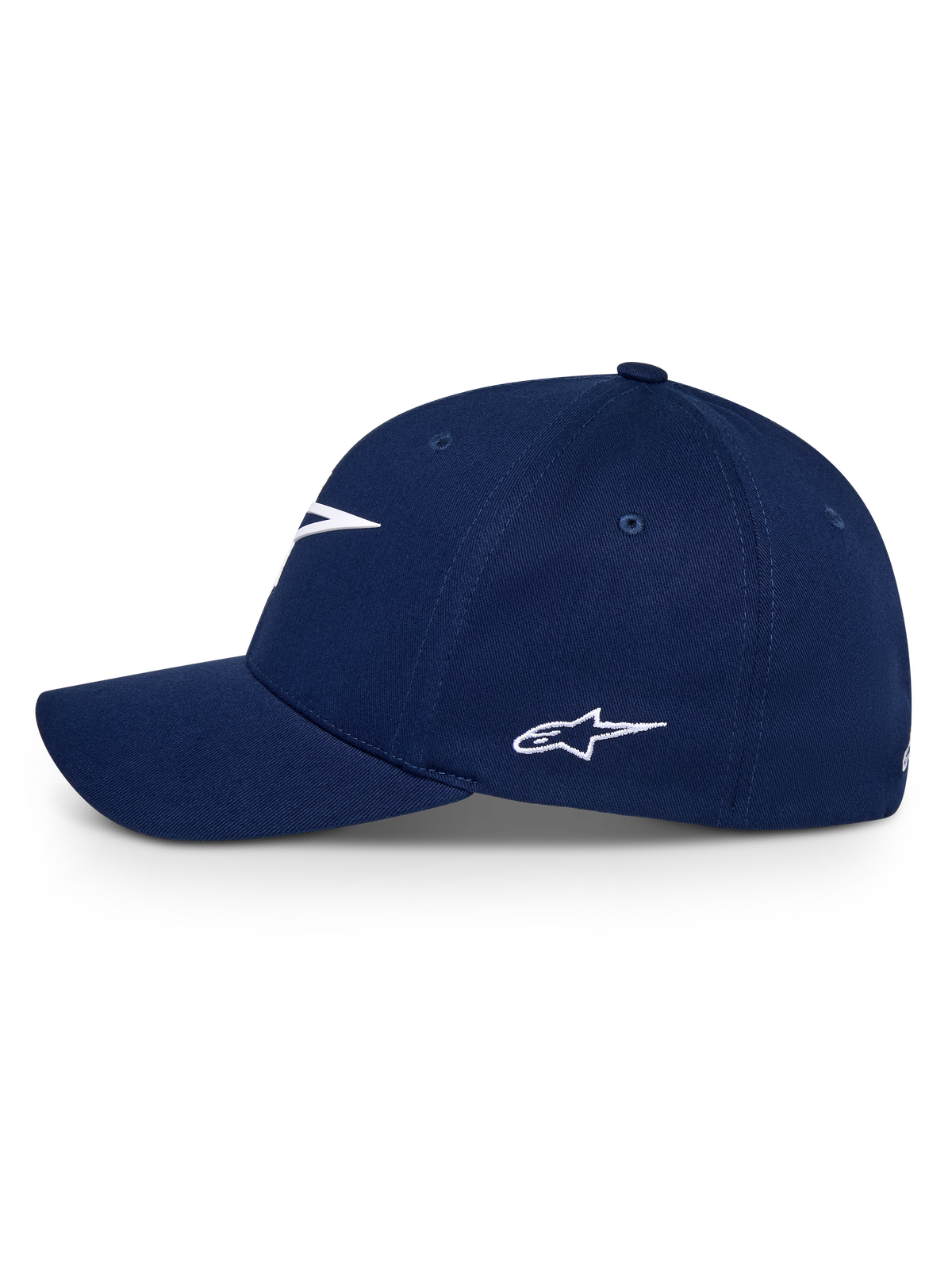 Alpinestars Ageless Multi kasket, marineblå, sideprofil af en baseball-kasket med buet skygge og hvidt broderet Astars-logo, afslappet sportswear-hovedbeklædning
