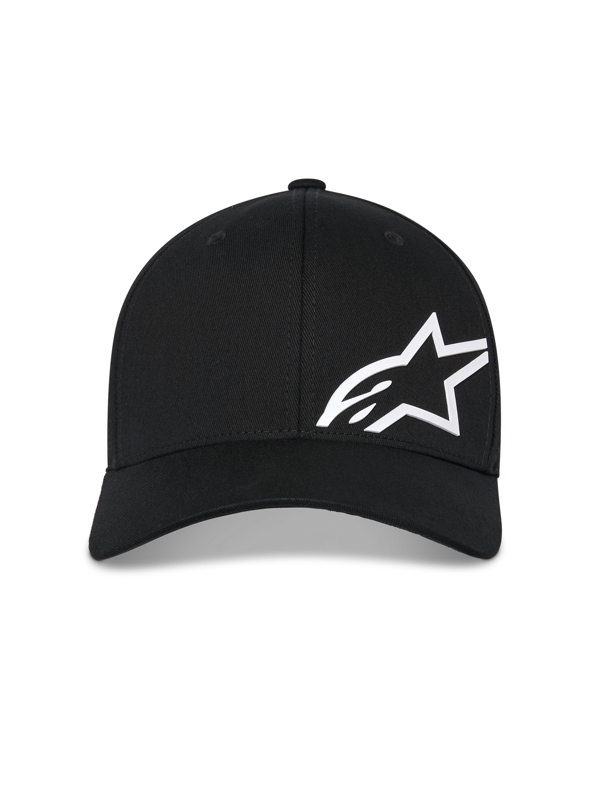 Alpinestars Corp Shift Multi Hat, Black Baseball Cap, White 3D printed Astars logo on the front, curved bill, structured crown, casual motorsport-inspired headwear