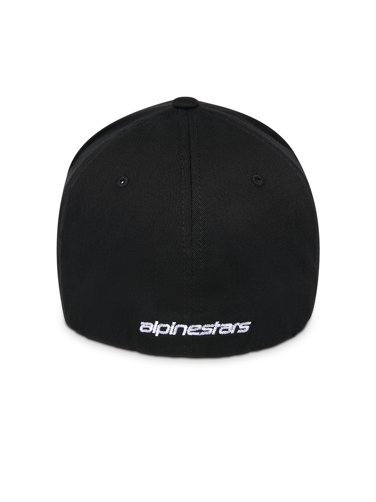 Alpinestars Corp Shift Multi Hat, Black, Rear view featuring white flat embroidered logo at the base, flex back stretch-fit construction, casual motorsport-inspired headwear