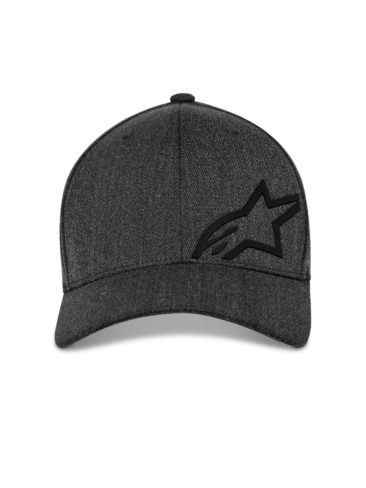 Alpinestars Corp Shift Multi kasket, baseball kasket, mørkegrå meleret, set forfra med struktureret krone, sort 3D Astars-logo og buet skygge, casual motorsport streetwear
