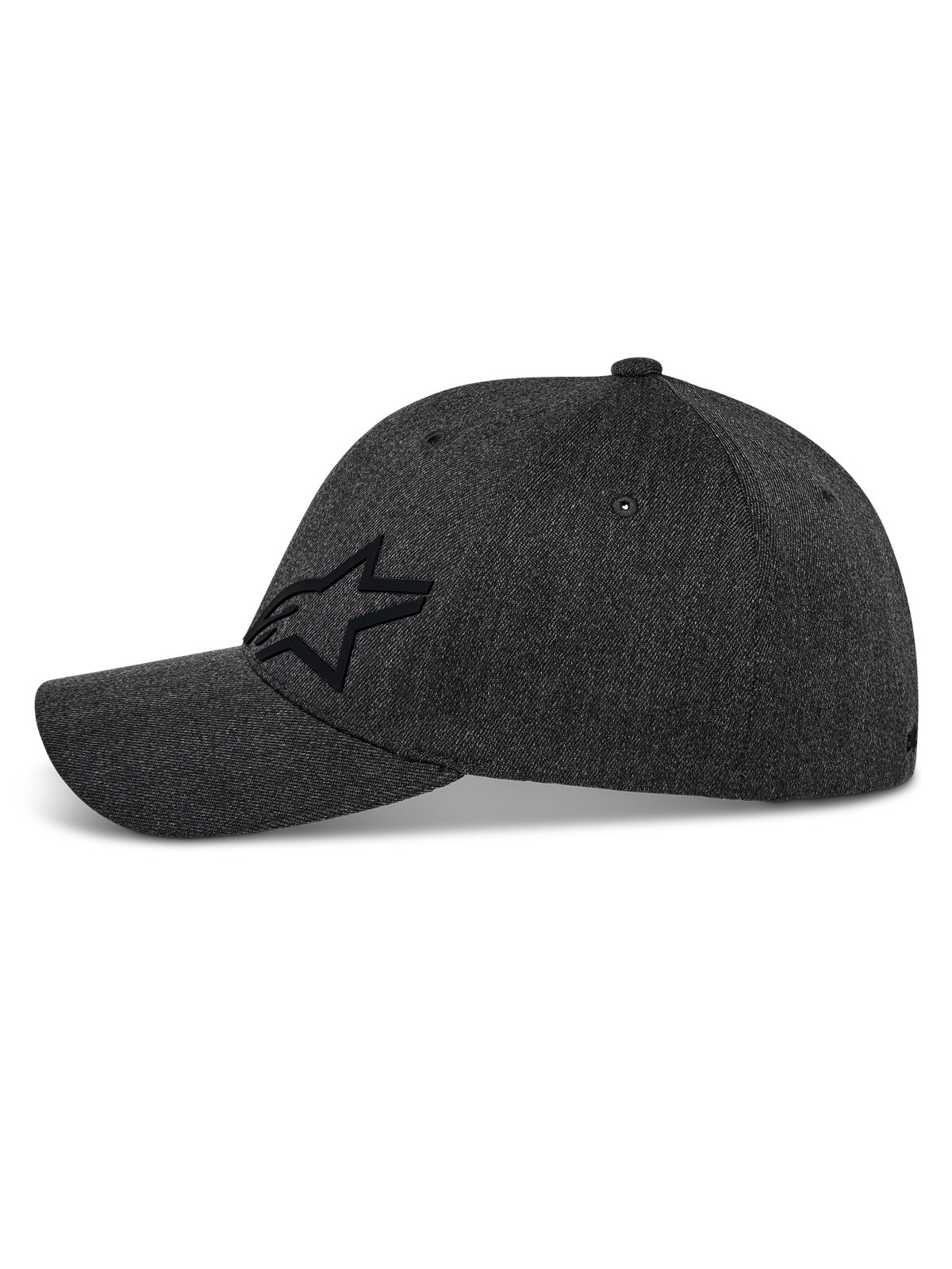 Alpinestars Corp Shift Multi kasket, baseball kasket, mørkegrå melange, sideprofil med sort 3D Astars-stjernelogo, buet skygge, struktureret krone, stræk twill-stof, afslappet motorsport-inspireret hovedbeklædning