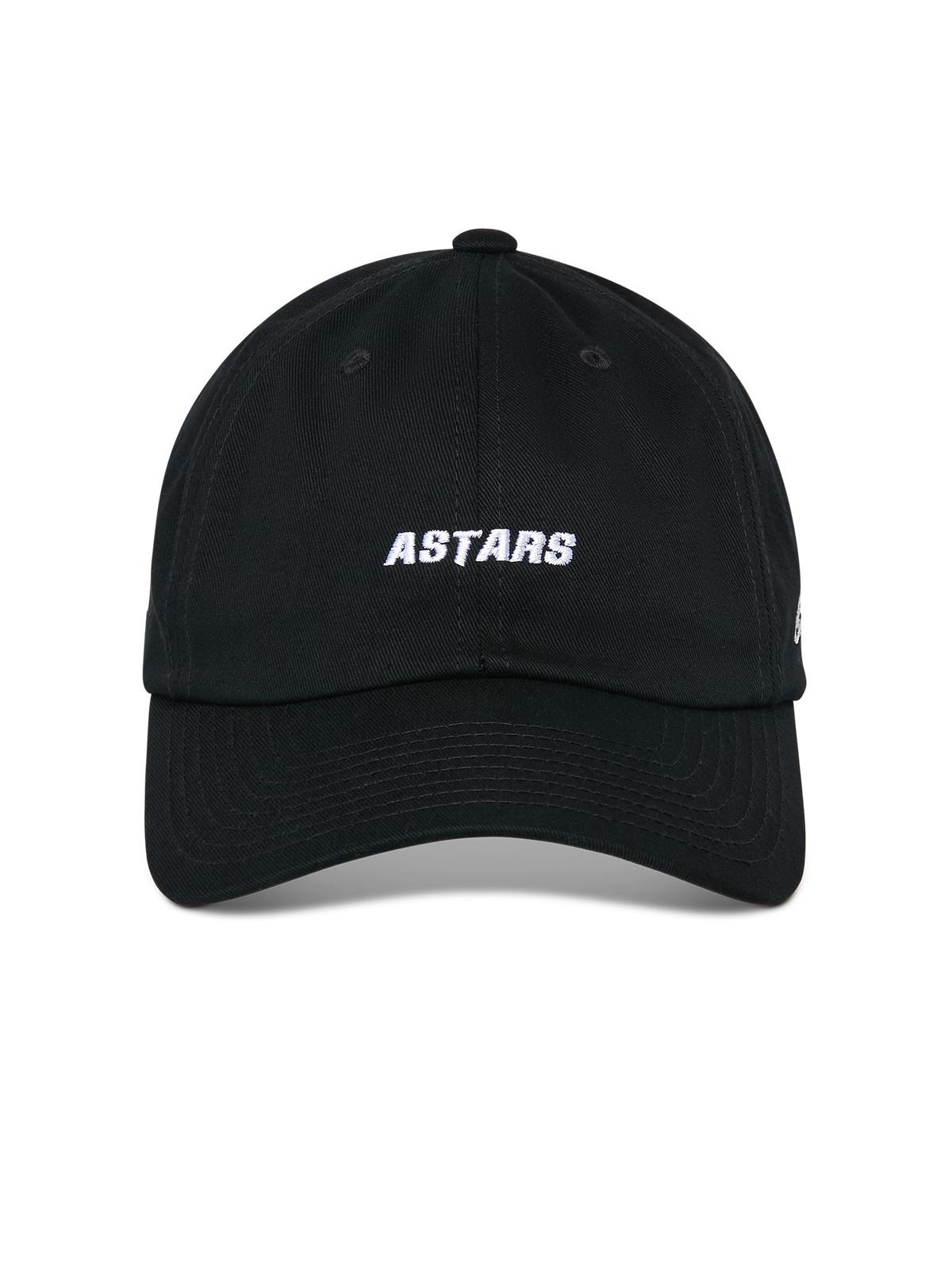 Alpinestars Deduce Strapback kasket, sort, set forfra med hvidt ASTARS-broderi, buet skygge, ustruktureret lav krone, afslappet motorsport-hovedbeklædning