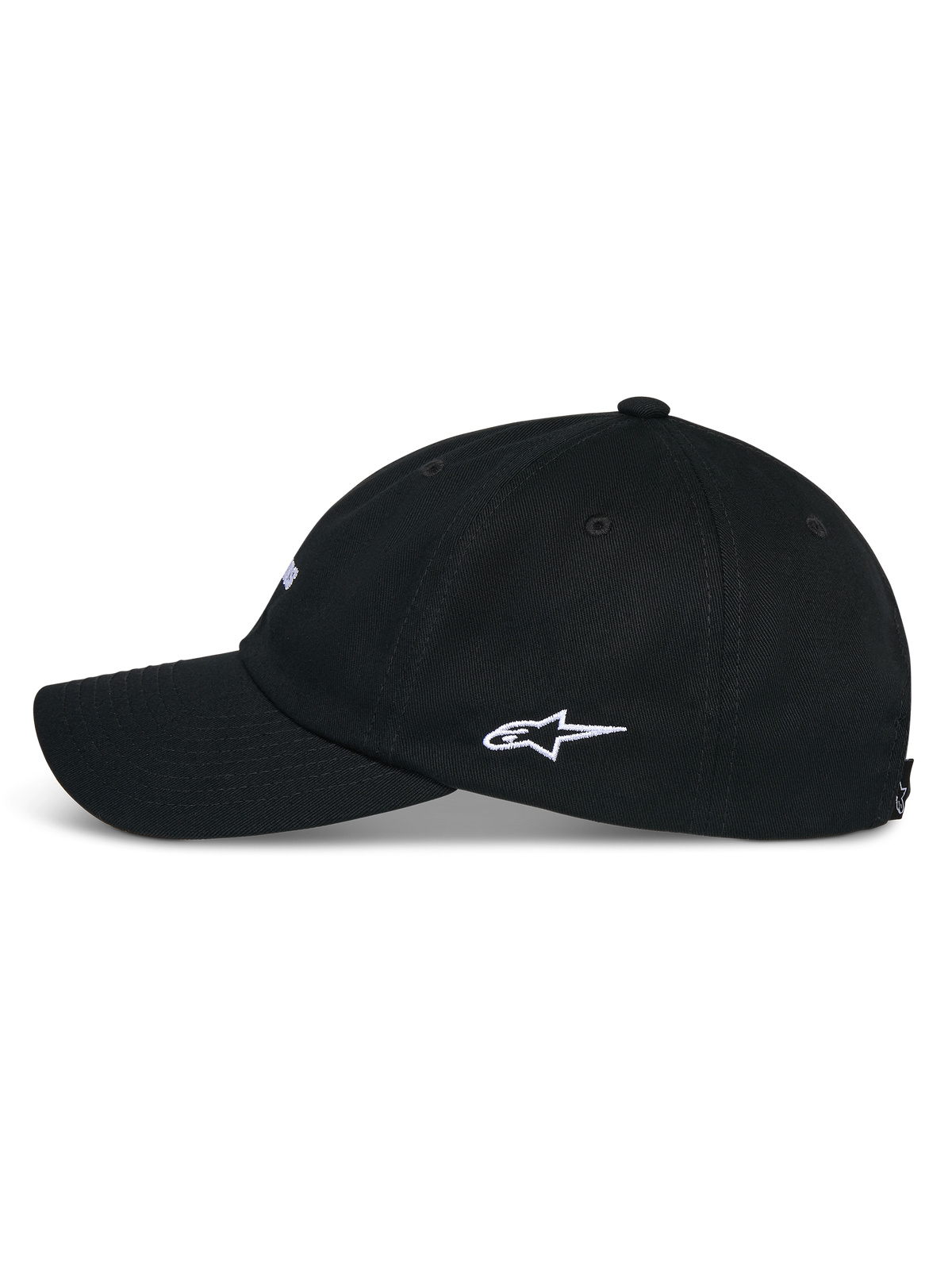 Alpinestars Deduce Strapback-kasket, sort, set fra siden med buet skygge og hvidt broderet Astars-logo på siden, afslappet hovedbeklædning i bomuldstwill
