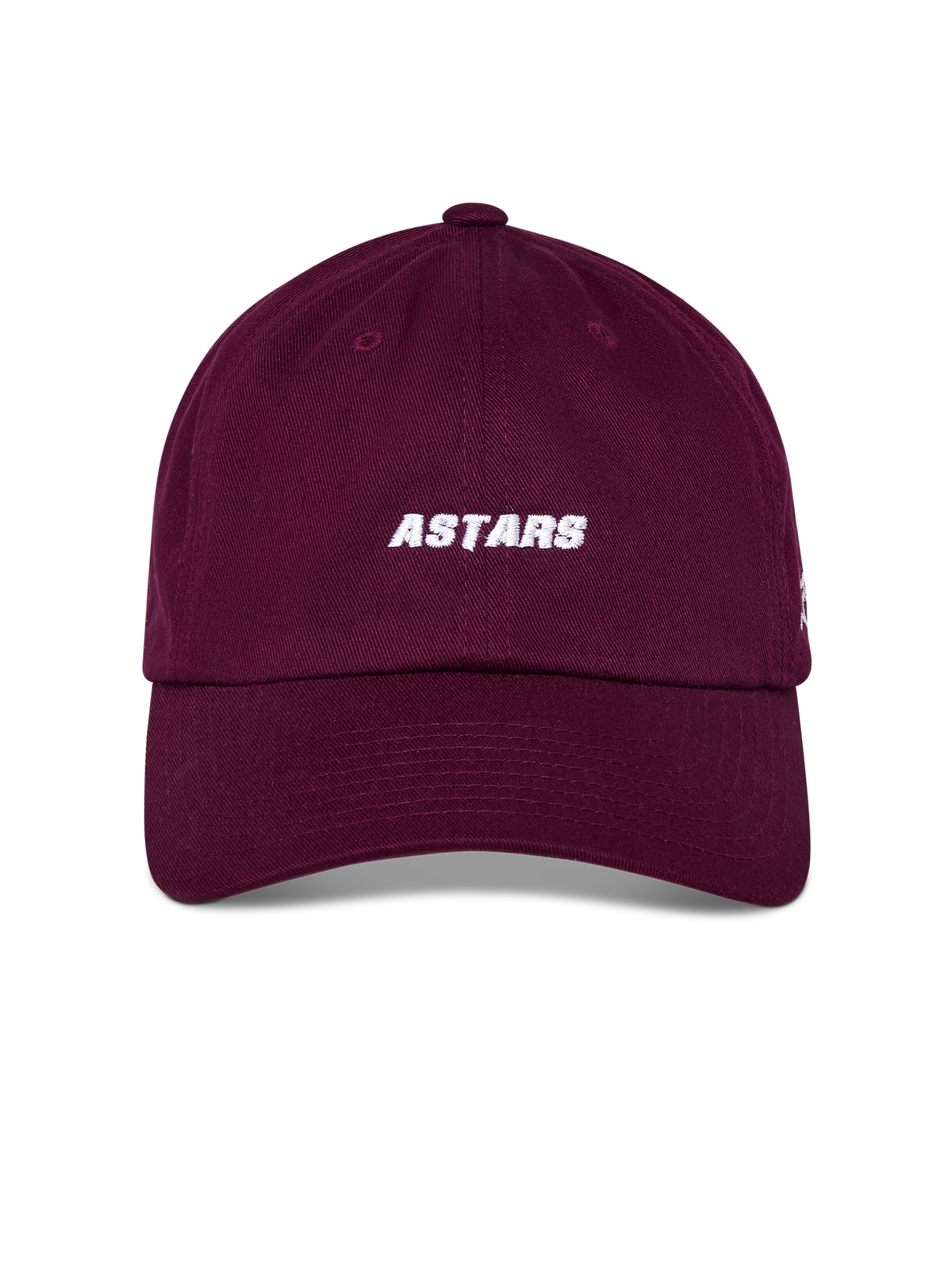 Alpinestars Deduce Strapback kasket, bordeauxrød, hvidt ASTARS-broderi foran, buet skygge med ustruktureret lav krone, afslappet sportswear-hovedbeklædning