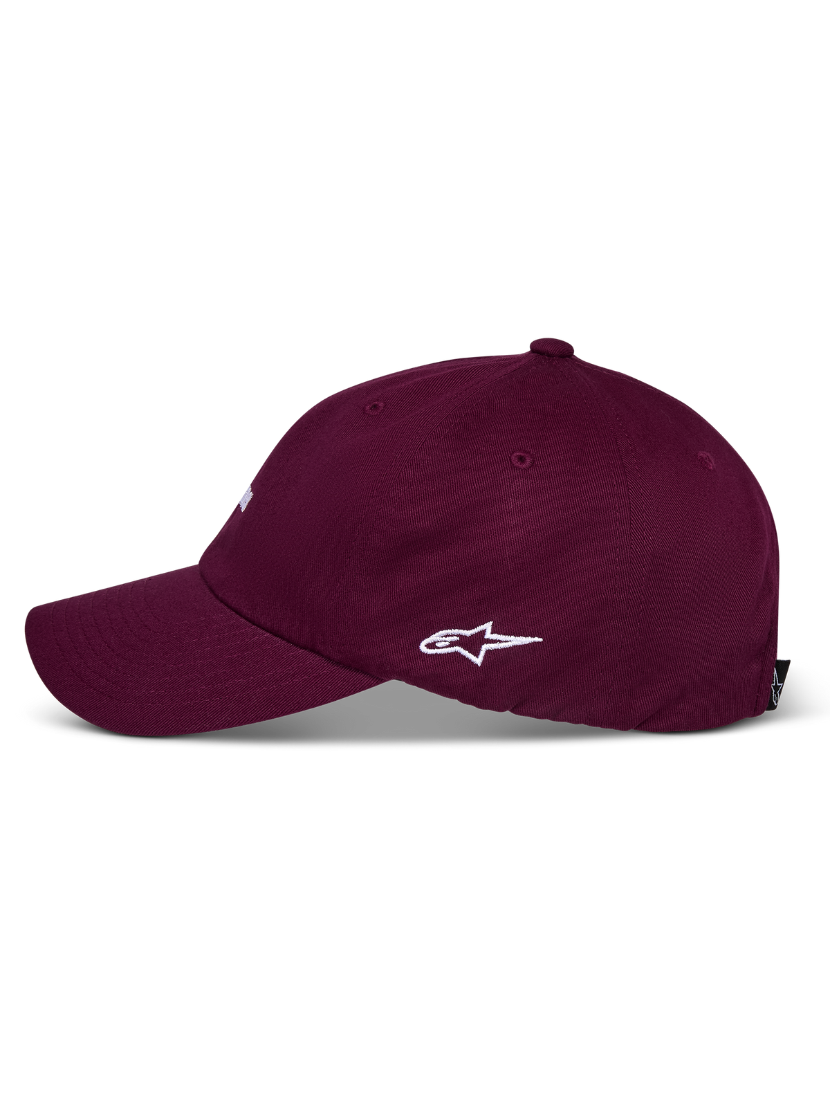 Alpinestars Deduce Strapback kasket, bordeauxrød, profilvisning fra siden med hvidt broderet Astars-logo, buet skygge, ustruktureret lav krone, afslappet bomuldstwill-hovedbeklædning