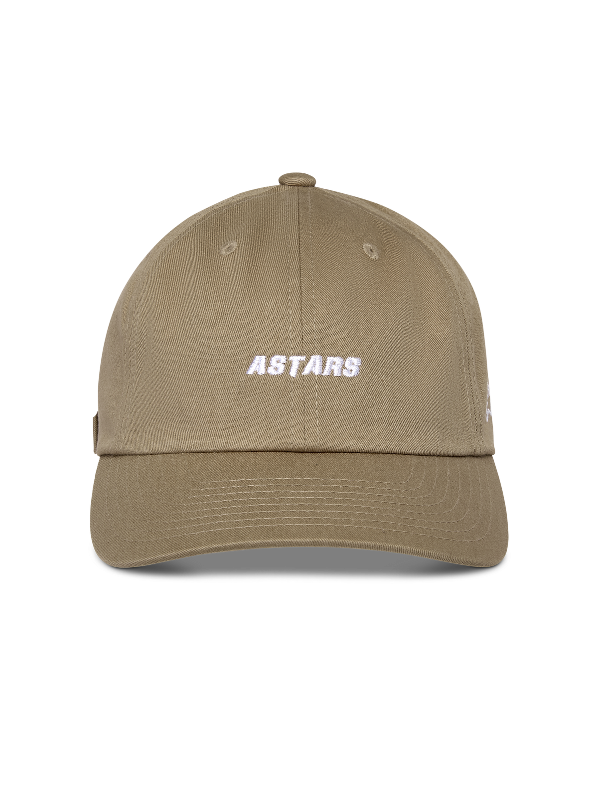 Alpinestars Deduce Strapback Hat, Khaki, unstructured low crown with curved bill, white embroidered Astars wordmark on front, cotton twill fabric, casual motorsport-inspired headwear
