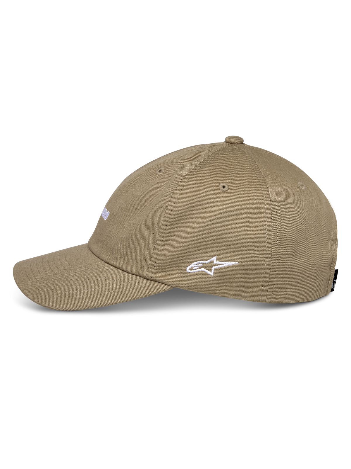 Alpinestars Deduce Strapback Hat, Khaki, side profile view featuring white embroidered Astars logo, curved bill, cotton twill construction, casual motorsport streetwear