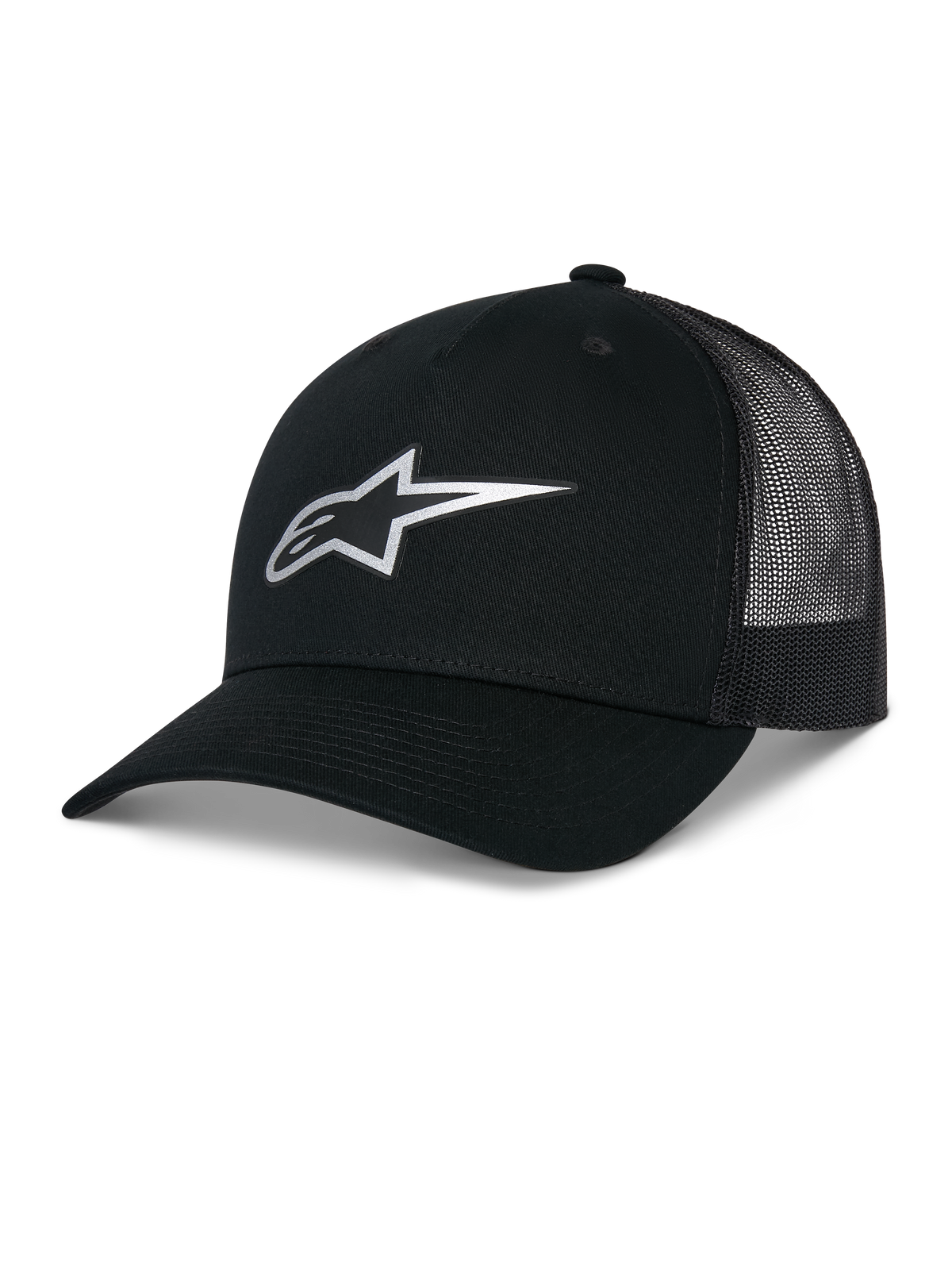 Alpinestars Reflect Ageless Trucker Hat, sort, med reflekterende sølvfarvet Astars-logo på fronten, buet skygge og mesh-bagpaneler, struktureret krone, afslappet motorsport-hovedbeklædning