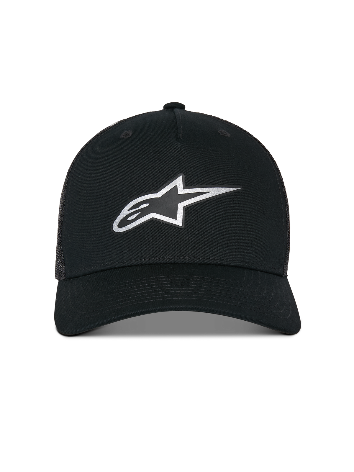 Alpinestars Reflect Ageless Trucker Hat, kasket, sort, med et reflekterende sølvfarvet Astars-logo på forsiden, struktureret krone med buet skygge og åndbar mesh-bagside, afslappet motorsport-inspireret hovedbeklædning