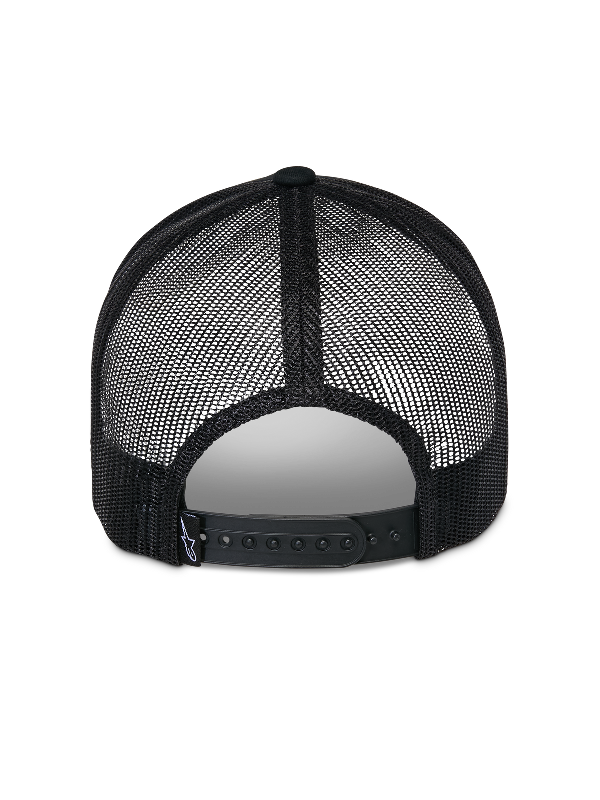 Alpinestars Reflect Ageless Trucker Hat, sort, set bagfra med åndbare poly-mesh-paneler og justerbar snapback-lukning, har et lille vævet mærke, afslappet motorsport-inspireret hovedbeklædning.