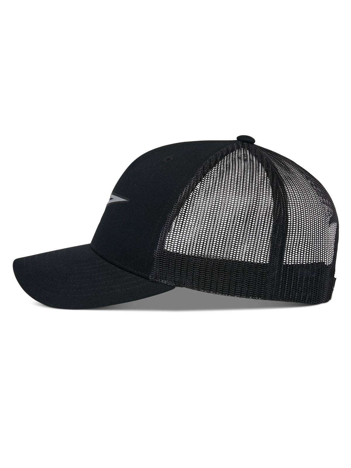 Alpinestars Reflect Ageless Trucker Hat, sideprofil, sort, buet skygge med struktureret krone, åndbare mesh-paneler bagpå, reflekterende logodetalje, afslappet motorsport-hovedbeklædning