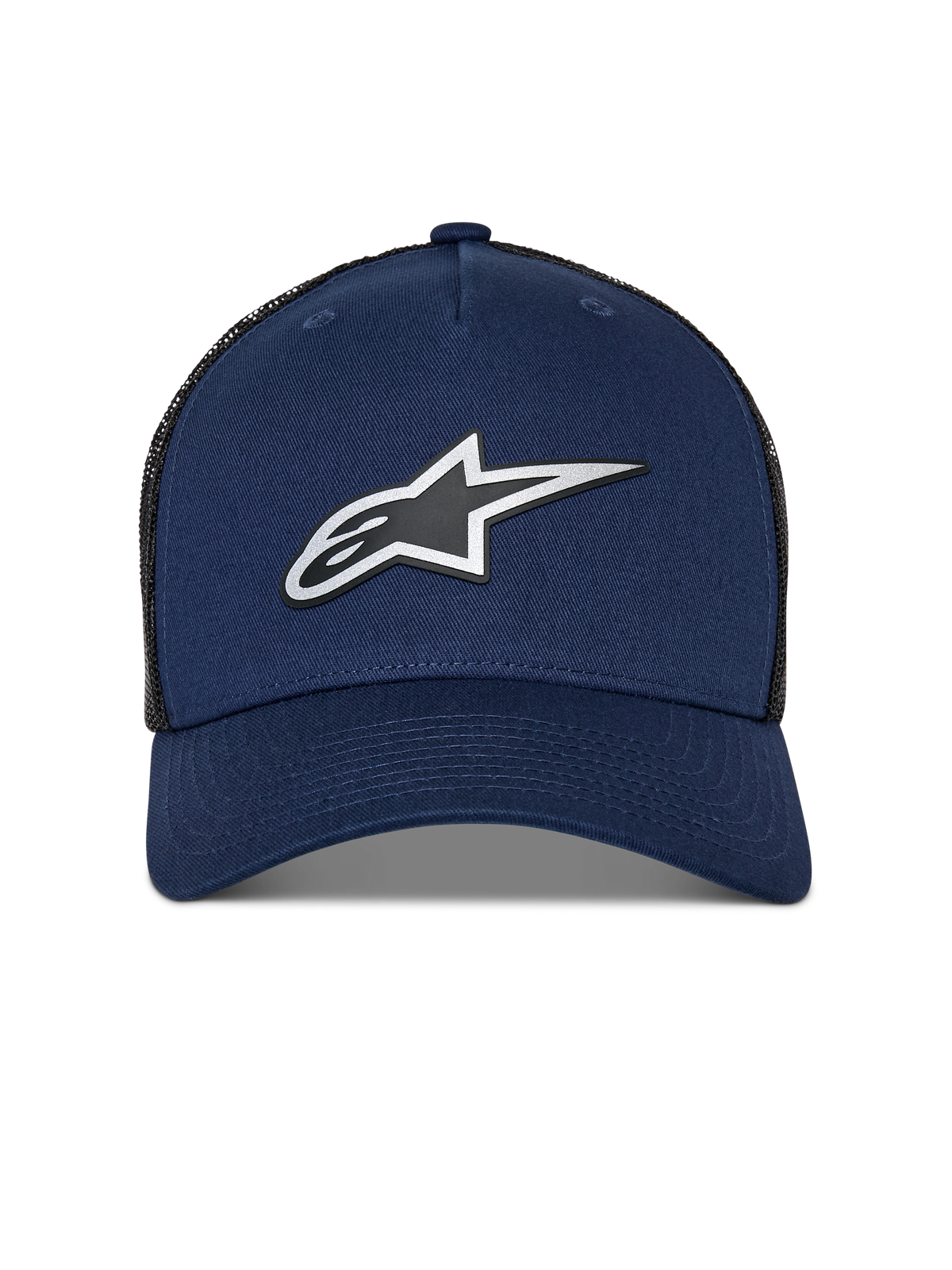 Alpinestars Reflect Ageless Trucker Hat, Navy Blue and Black mesh, front reflective HD Astars logo, curved bill, structured crown, casual motorsport headwear
