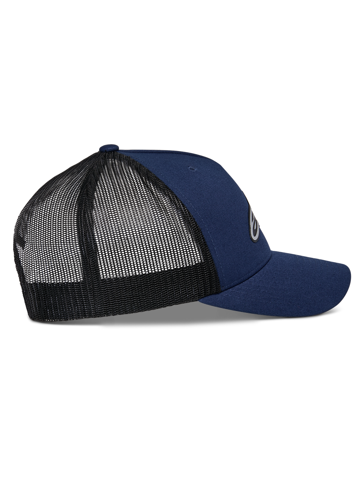 Alpinestars Reflect Ageless Trucker Hat, Navy and Black, side view with curved bill and breathable black mesh back, structured crown, casual motorsport headwear