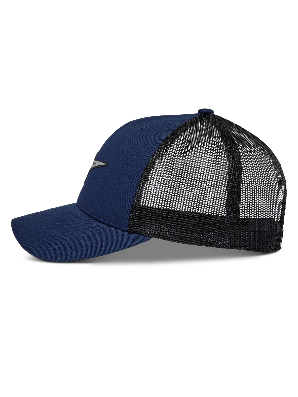 Alpinestars Reflect Ageless Trucker Hat, Navy Blue and Black, Side profile showing curved bill and mesh back, reflective Astars logo on front, casual motorsport headwear