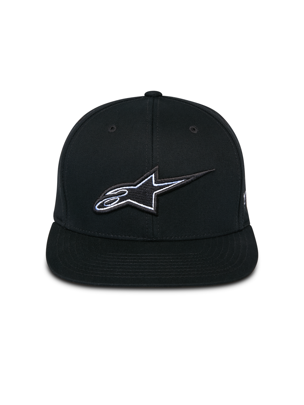 Alpinestars Thickness Snapback Hat, Black, front view featuring structured crown and flat bill, 3D embroidered Astars logo with white and light blue detailing, casual motorsport-inspired streetwear