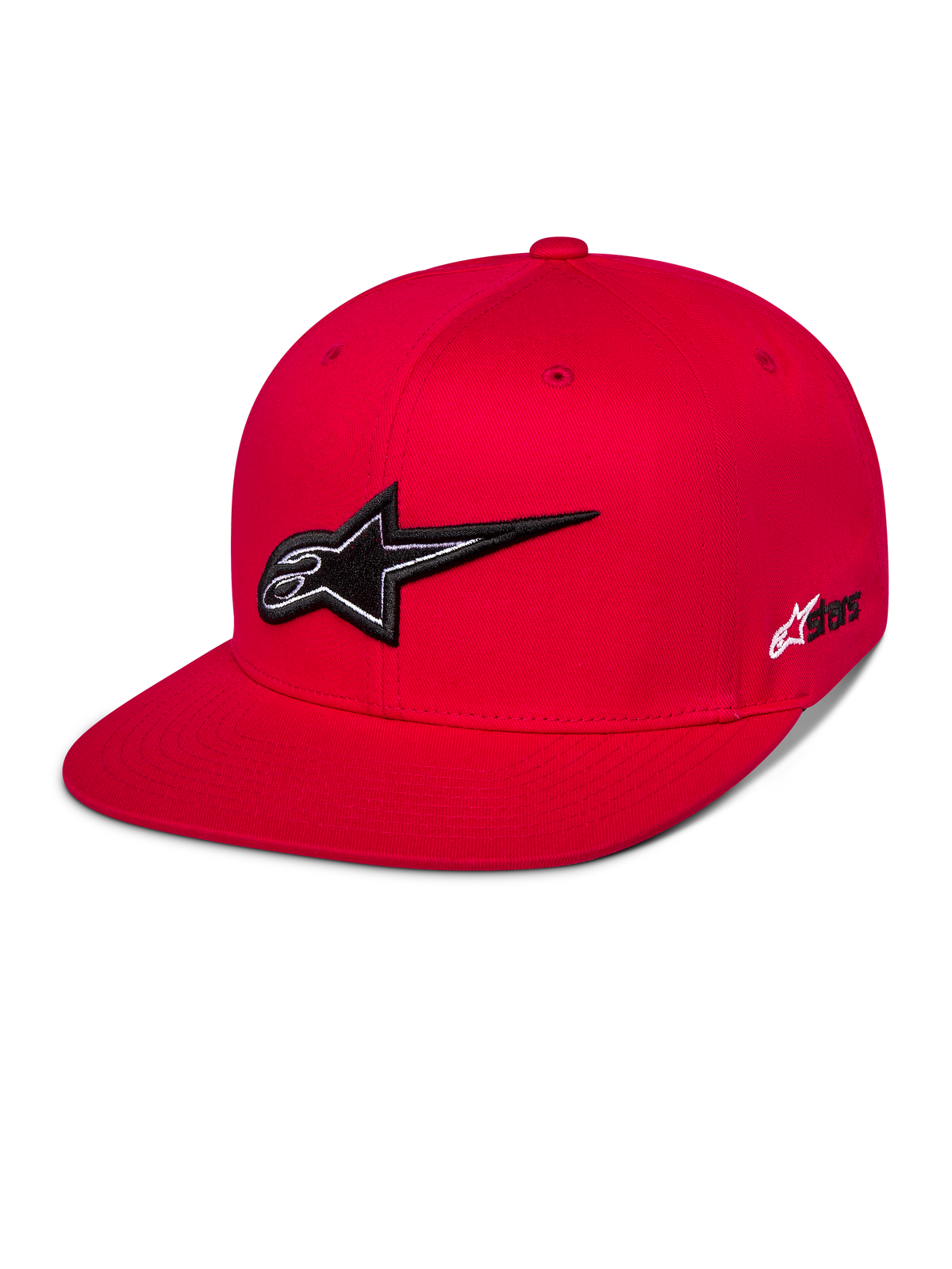 Alpinestars Thickness Snapback-kasket, rød baseballkasket med flad skygge, markant sort og hvidt 3D-broderet Astars-logo, struktureret krone med matchende røde ventilationshuller, afslappet motorsport-streetwear
