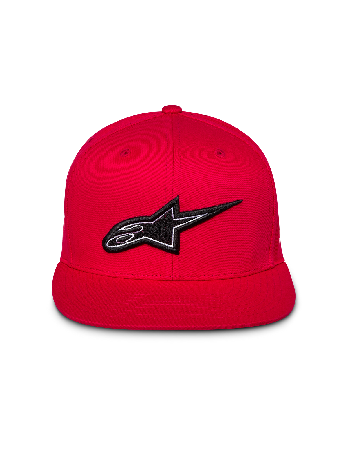 Alpinestars Thickness Snapback-kasket, rød, set forfra med 3D-broderet sort og hvidt Astars-logo, flad skygge, struktureret krone, afslappet streetwear